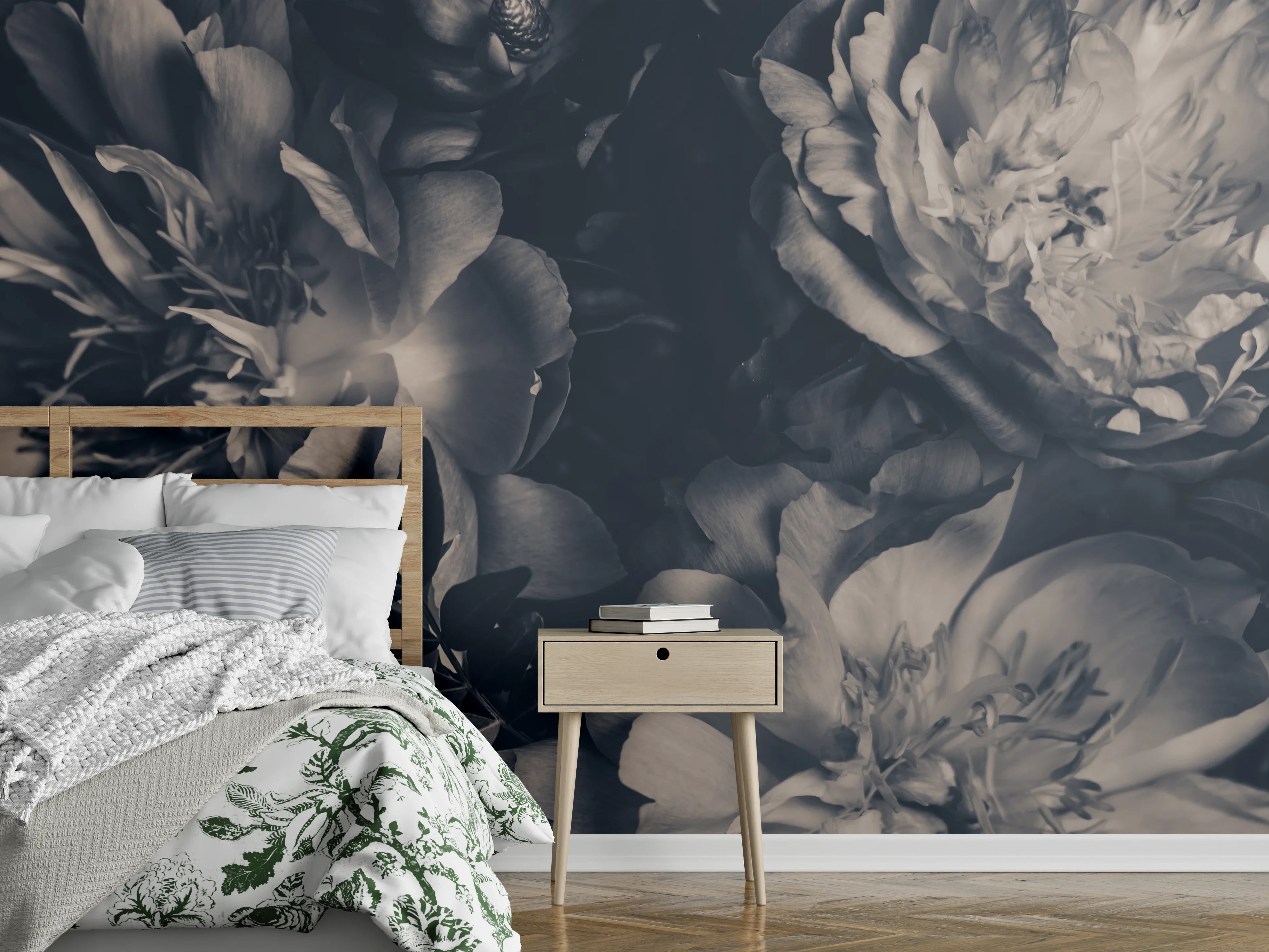 Wandverkleidung Schlafzimmer - Edle Schwarz-Weiß Blumen Wanddeko