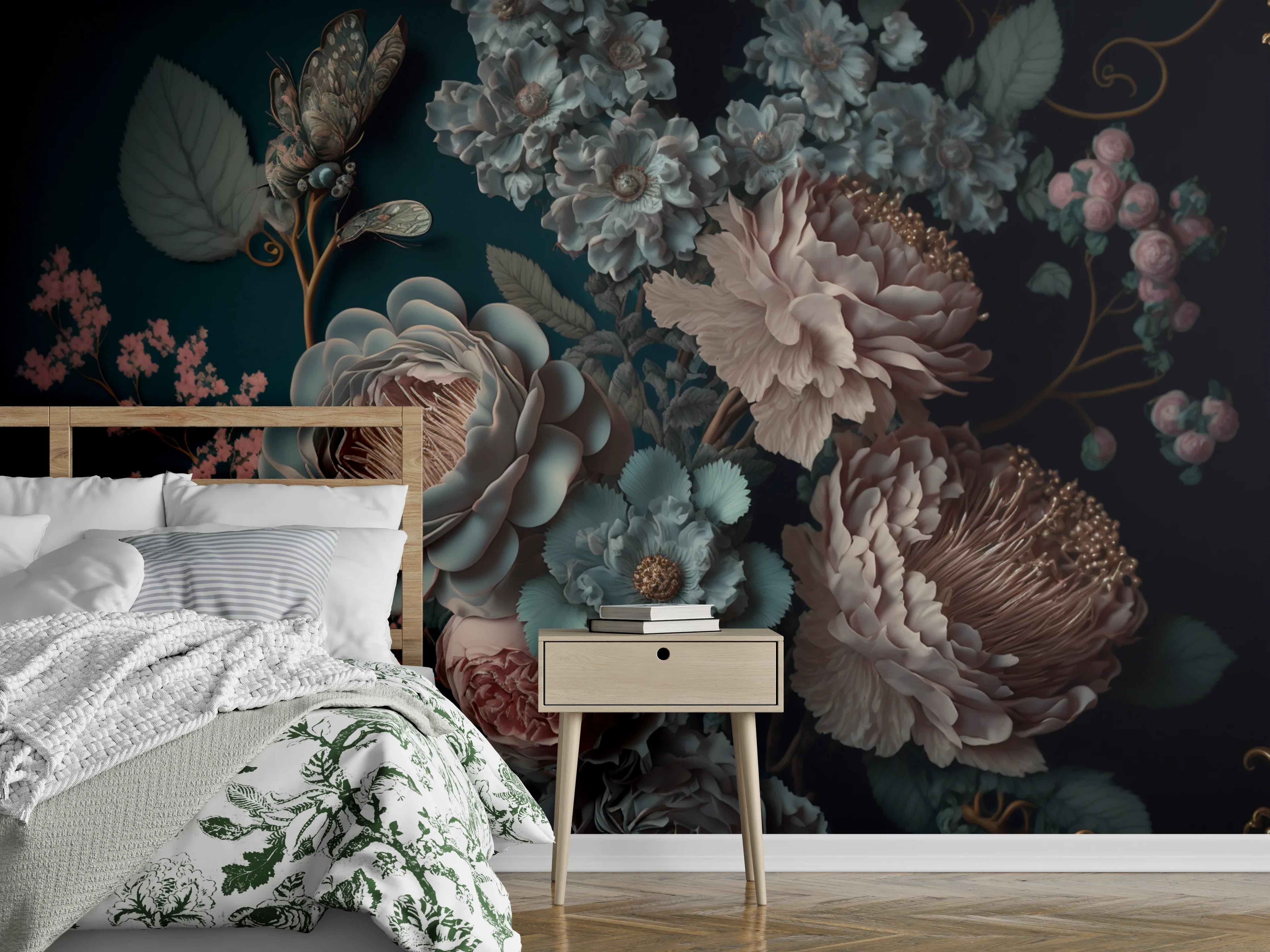 Wandverkleidung Schlafzimmer - Edle Vintage-Blumen in sanften Pastelltönen