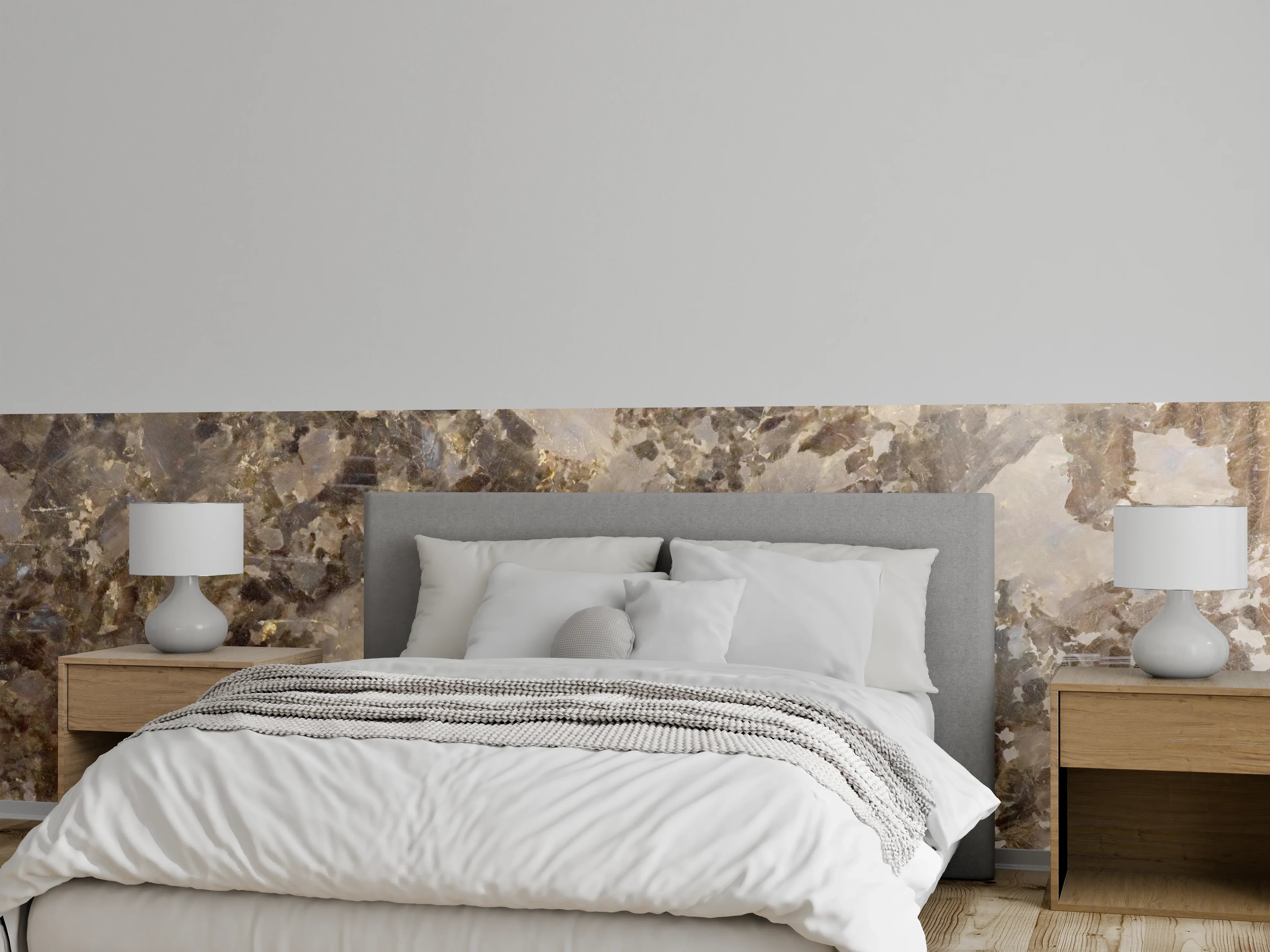 Wandverkleidung Schlafzimmer - Edler Granit Braun-Grau Glanzoptik