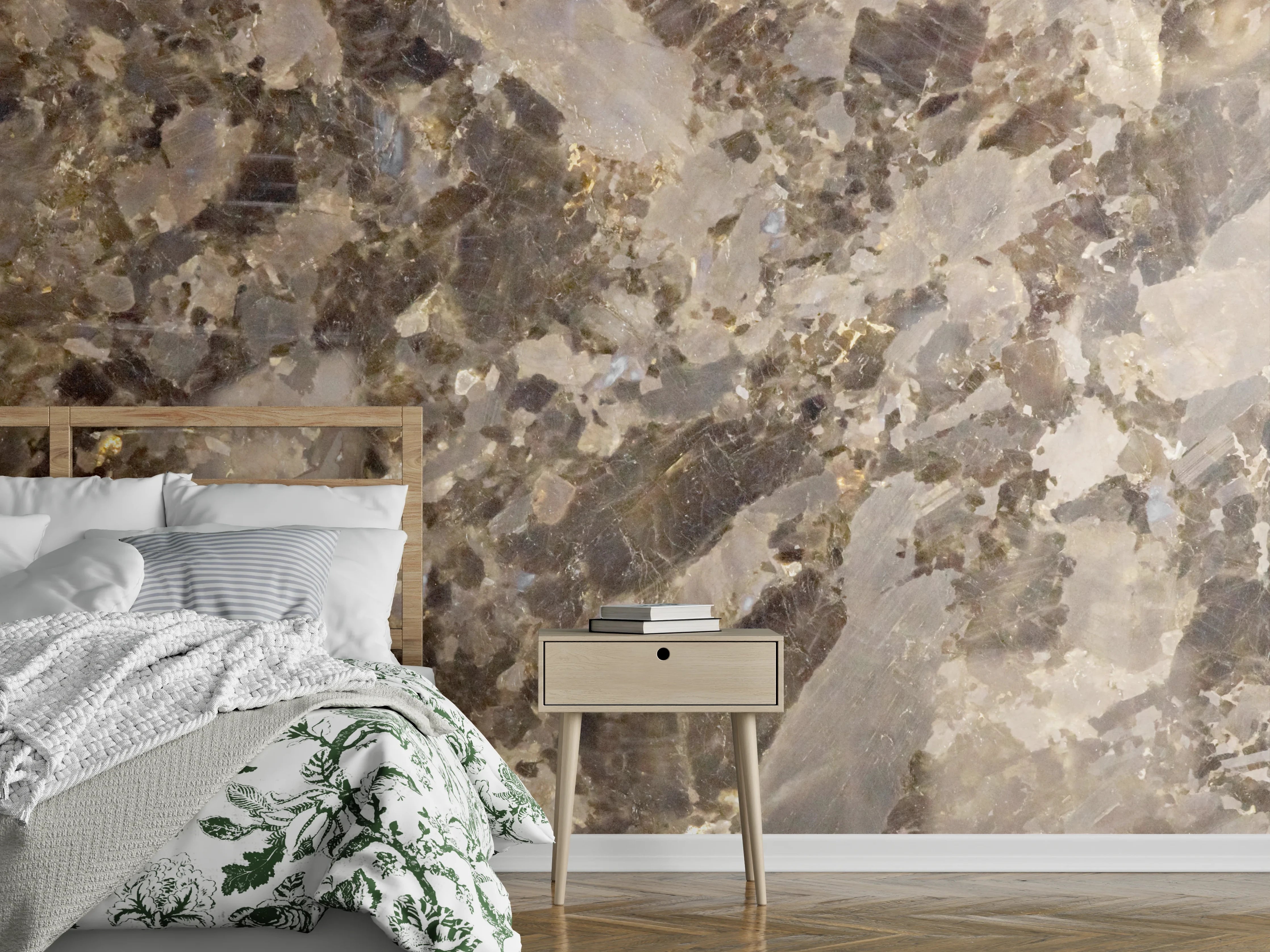Wandverkleidung Schlafzimmer - Edler Granit Braun-Grau Glanzoptik