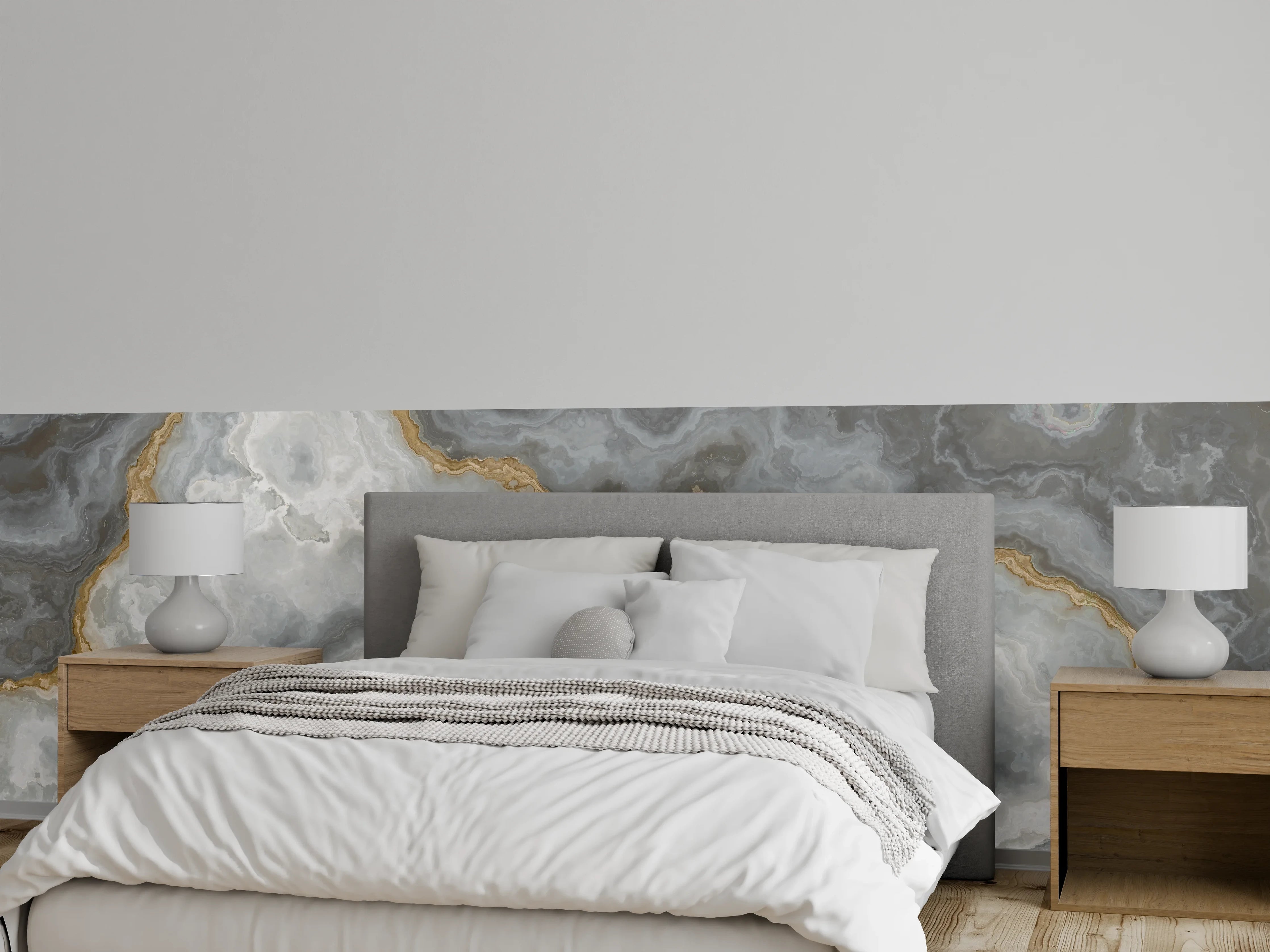 Wandverkleidung Schlafzimmer - Edler Marmor-Look Wandbild Grau-Gold