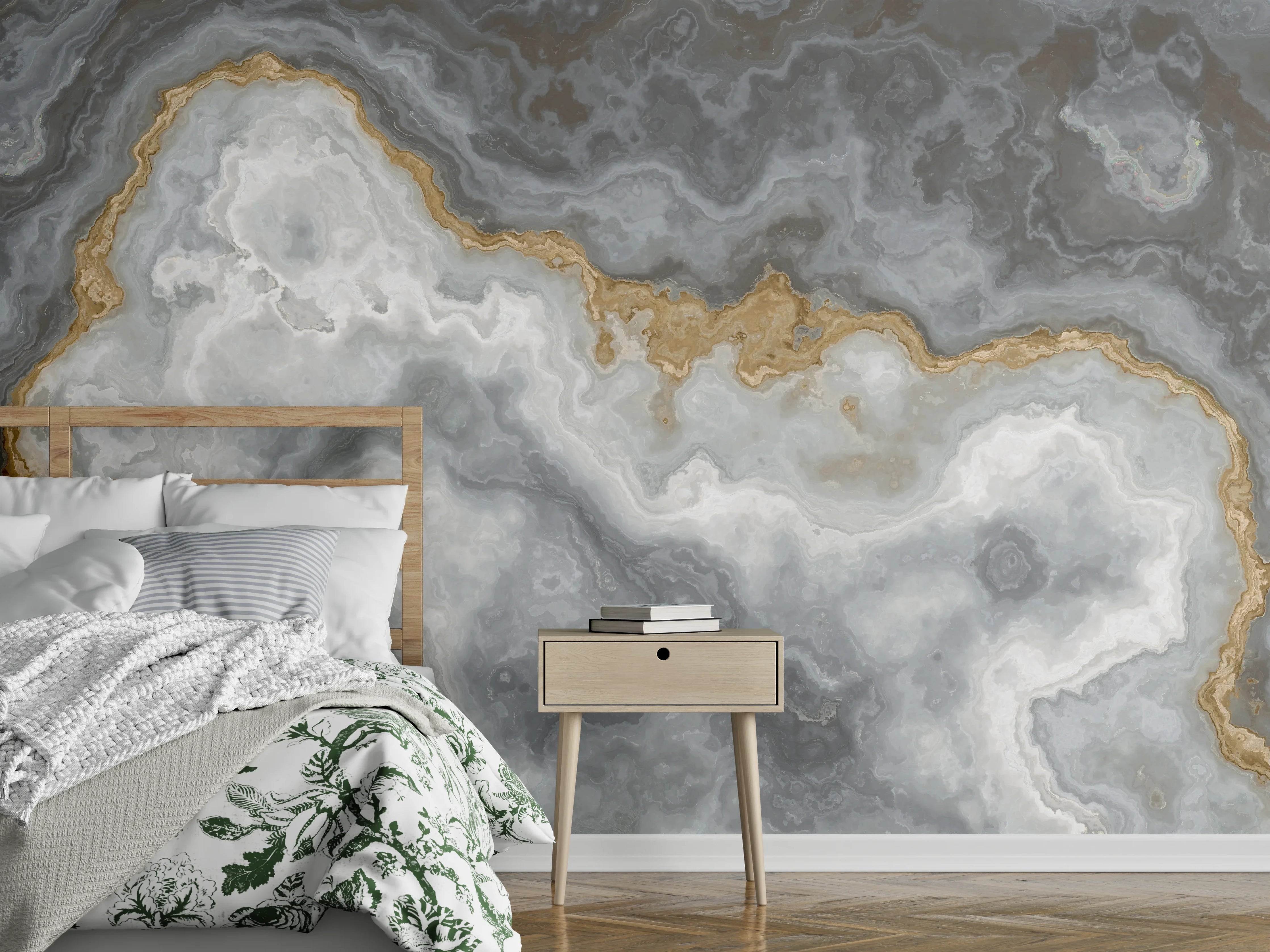 Wandverkleidung Schlafzimmer - Edler Marmor-Look Wandbild Grau-Gold