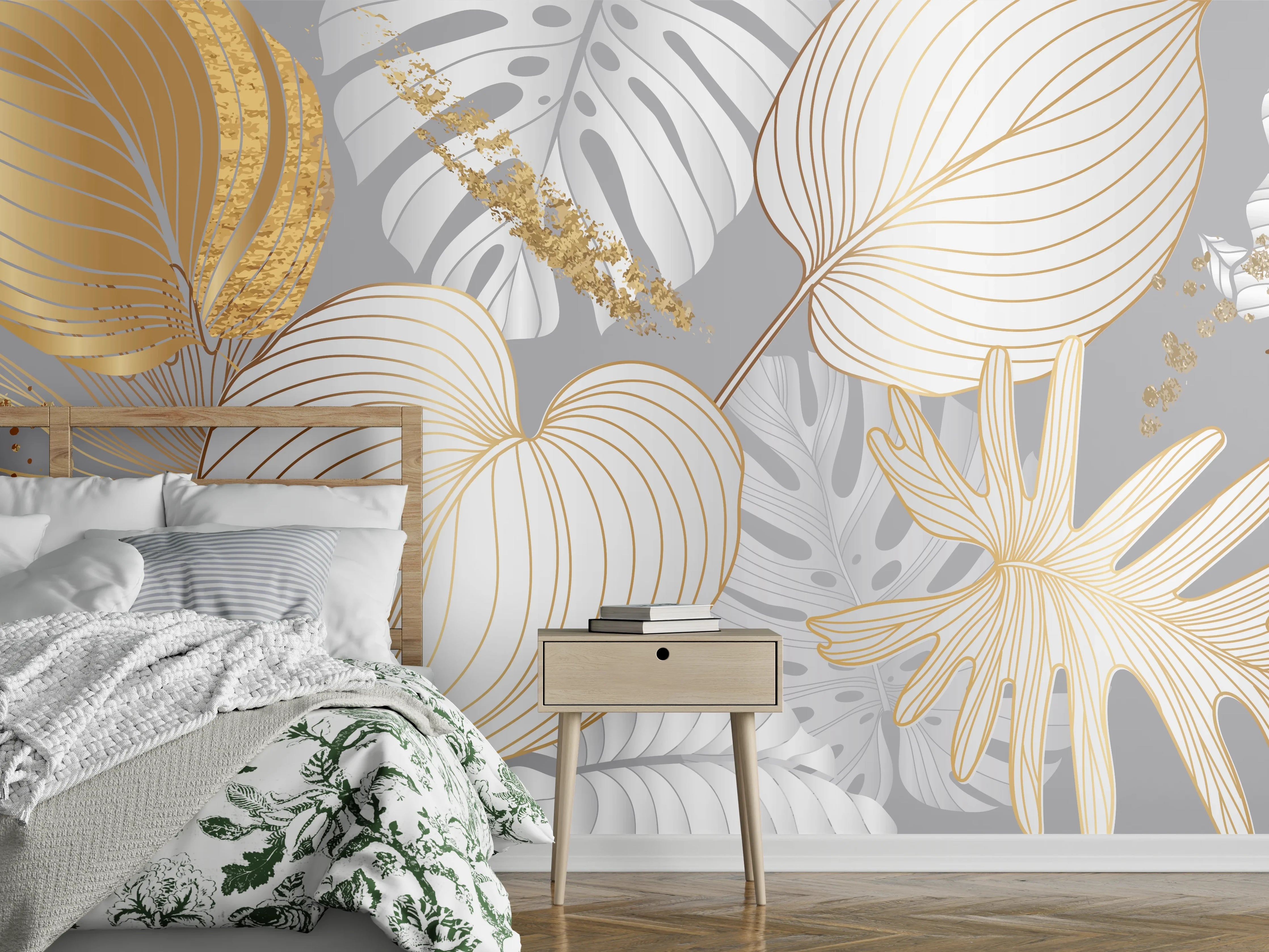 Wandverkleidung Schlafzimmer - Edles Gold-Blatt-Design