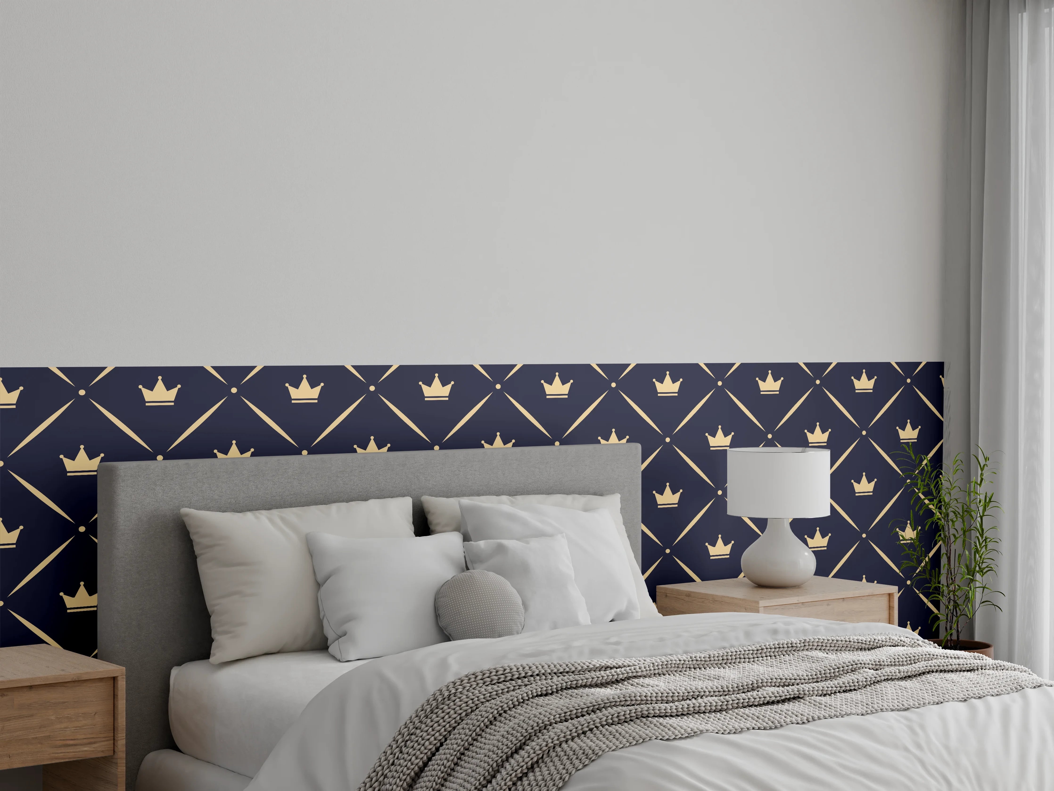 Wandverkleidung Schlafzimmer - Edles Krönchen-Muster auf Dunkelblau