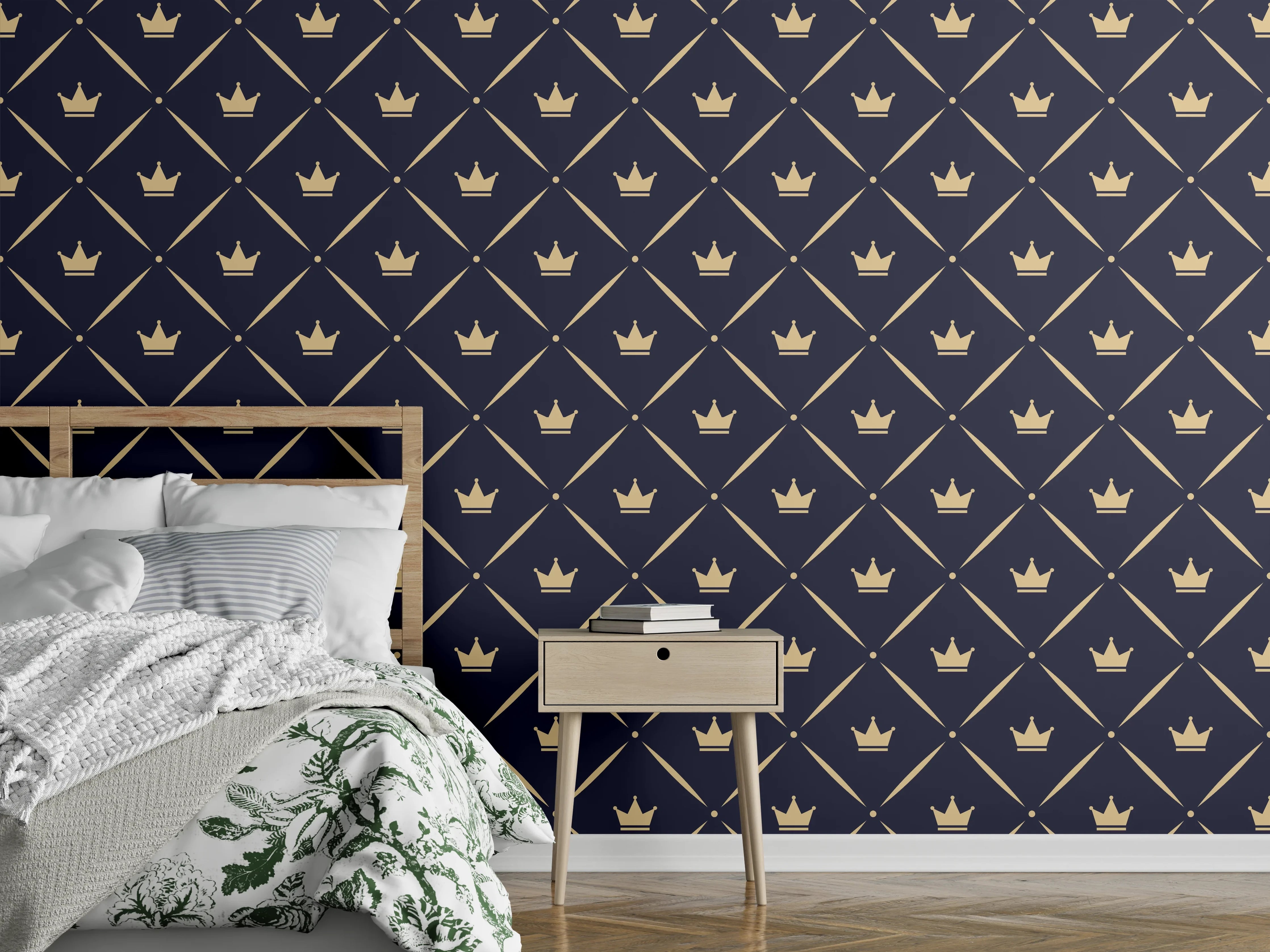 Wandverkleidung Schlafzimmer - Edles Krönchen-Muster auf Dunkelblau