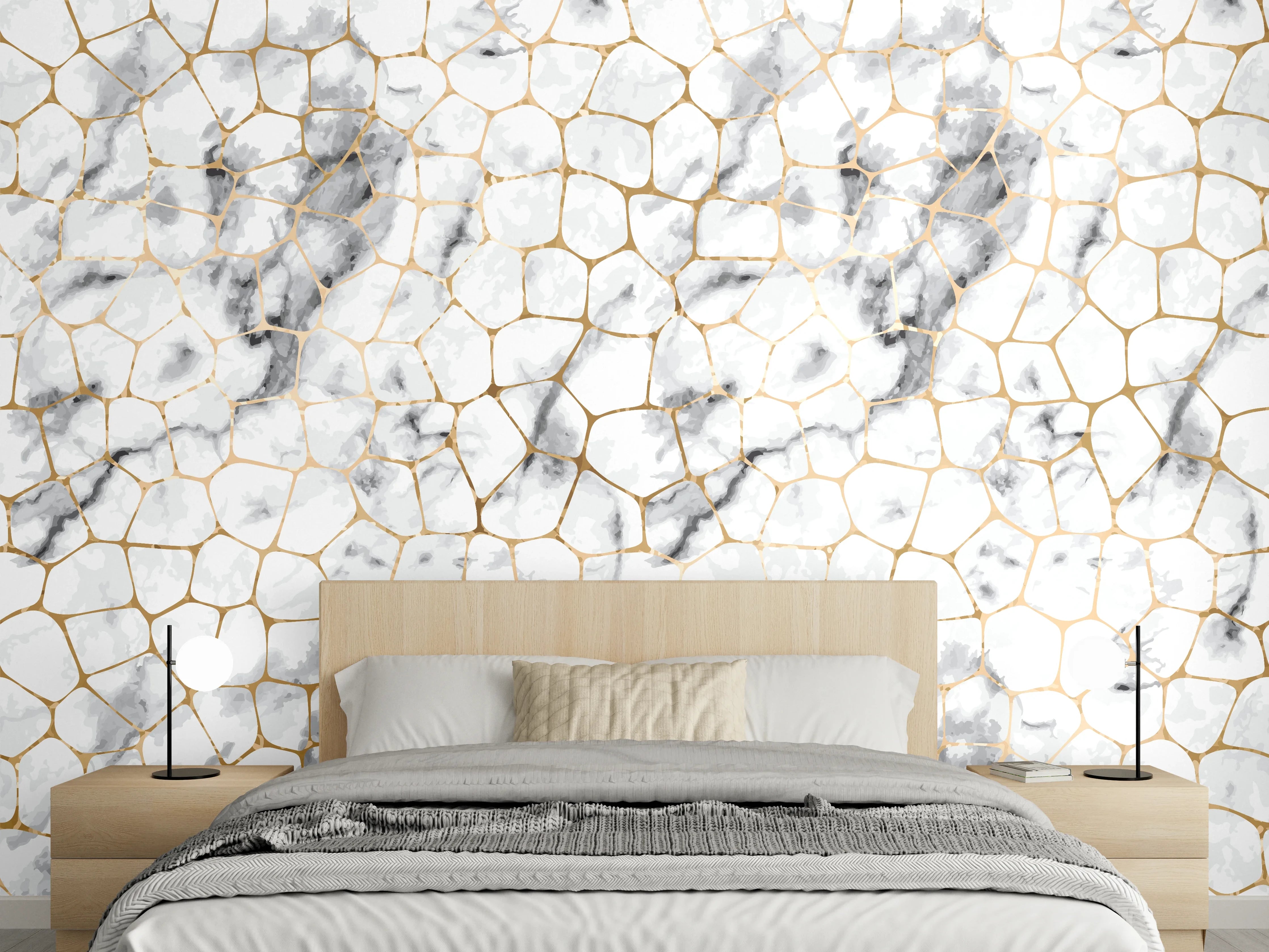 Wandverkleidung Schlafzimmer - Edles Marmor-Gitter Weiß mit Goldeffekt