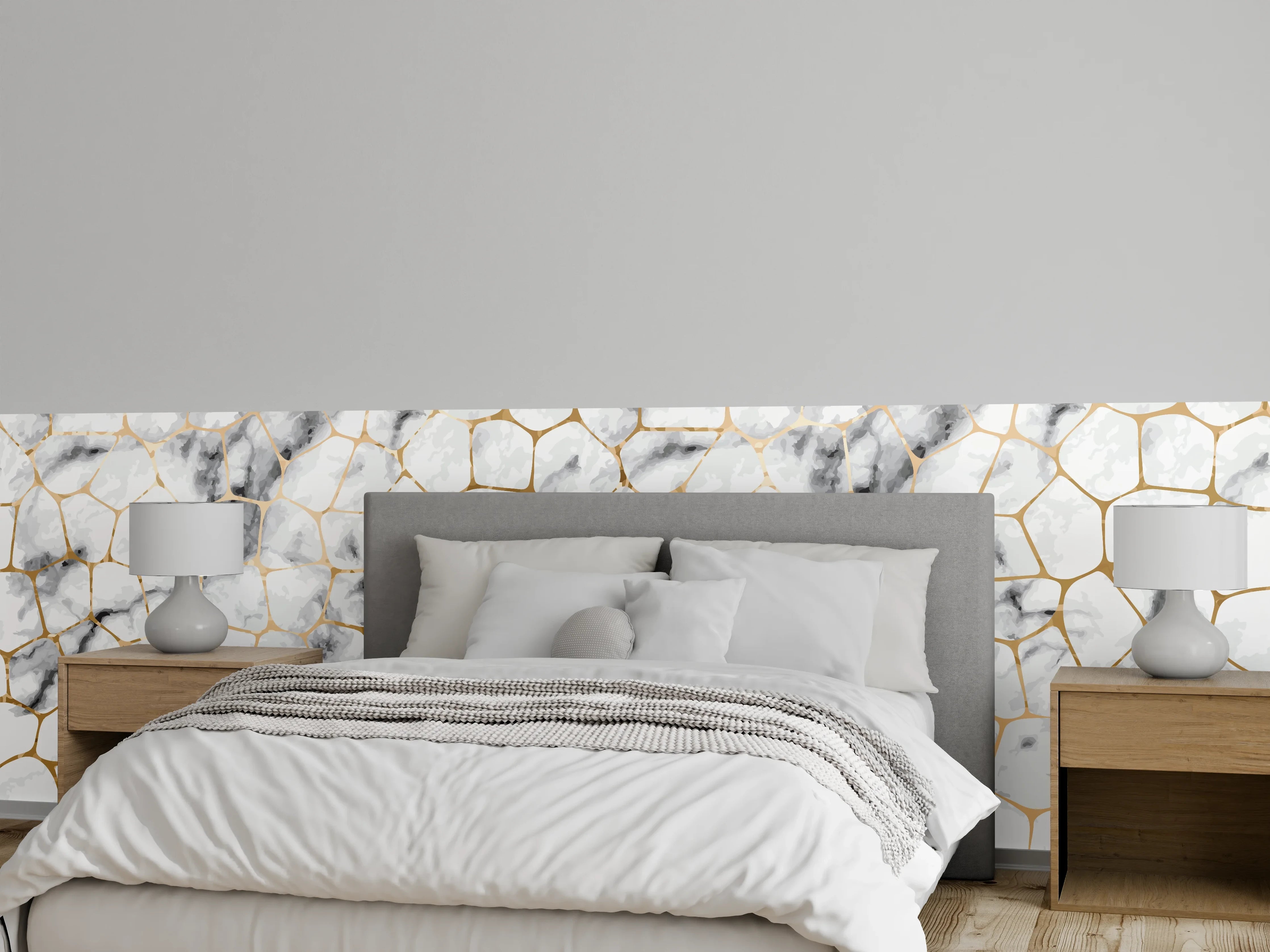Wandverkleidung Schlafzimmer - Edles Marmor-Gitter Weiß mit Goldeffekt