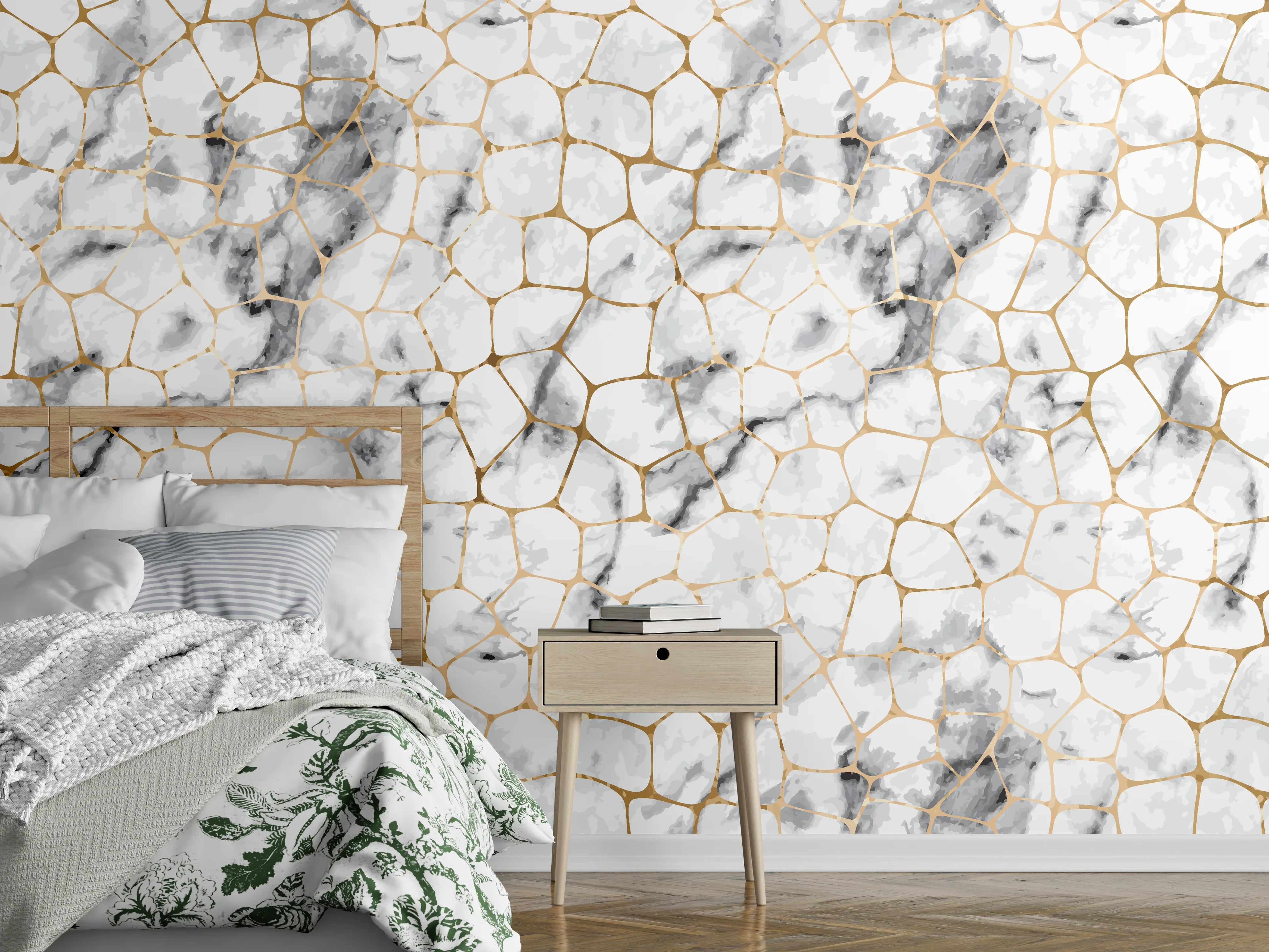 Wandverkleidung Schlafzimmer - Edles Marmor-Gitter Weiß mit Goldeffekt