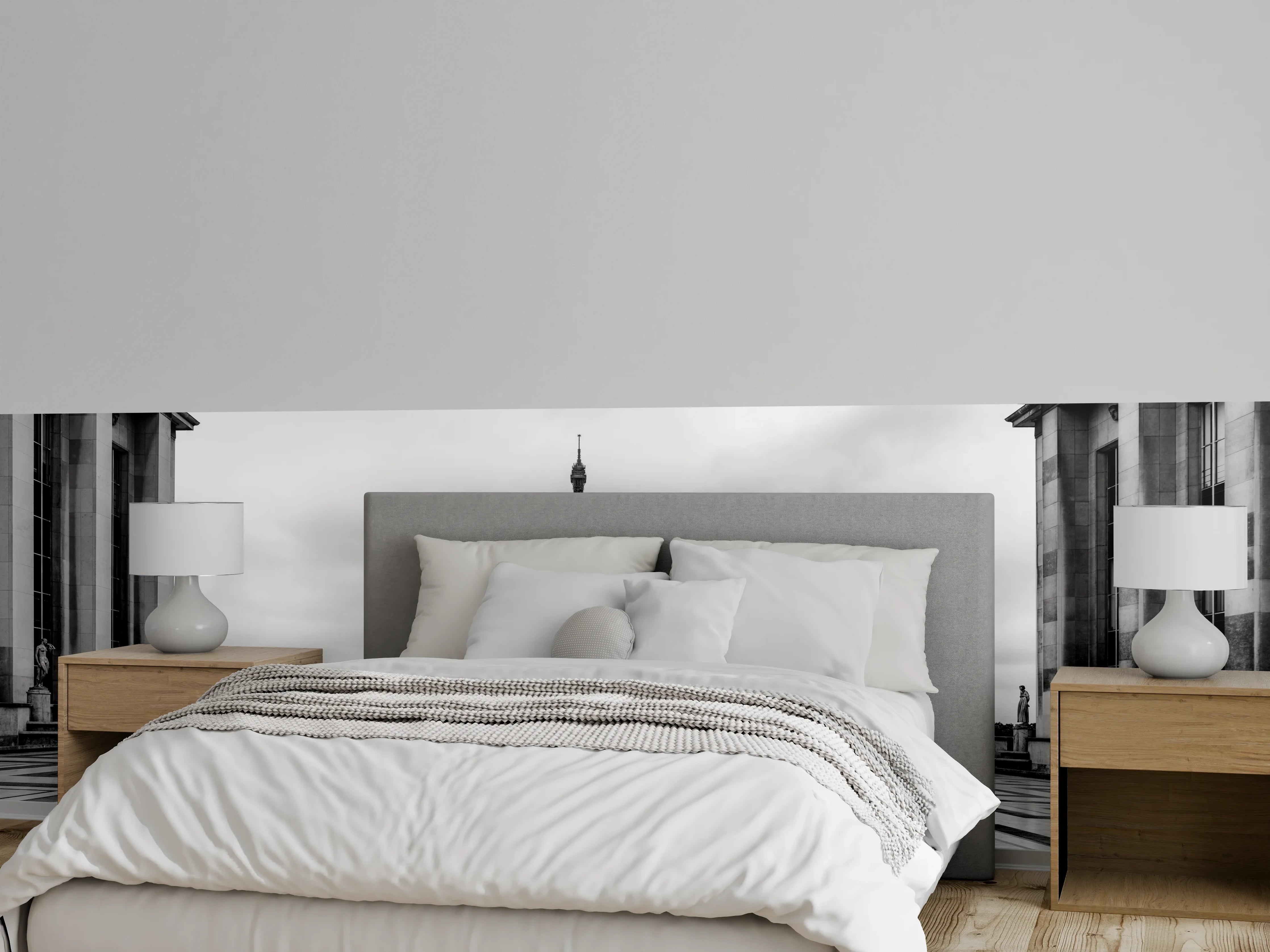 Wandverkleidung Schlafzimmer - Eiffelturm Paris Schwarz-Weiß Panorama