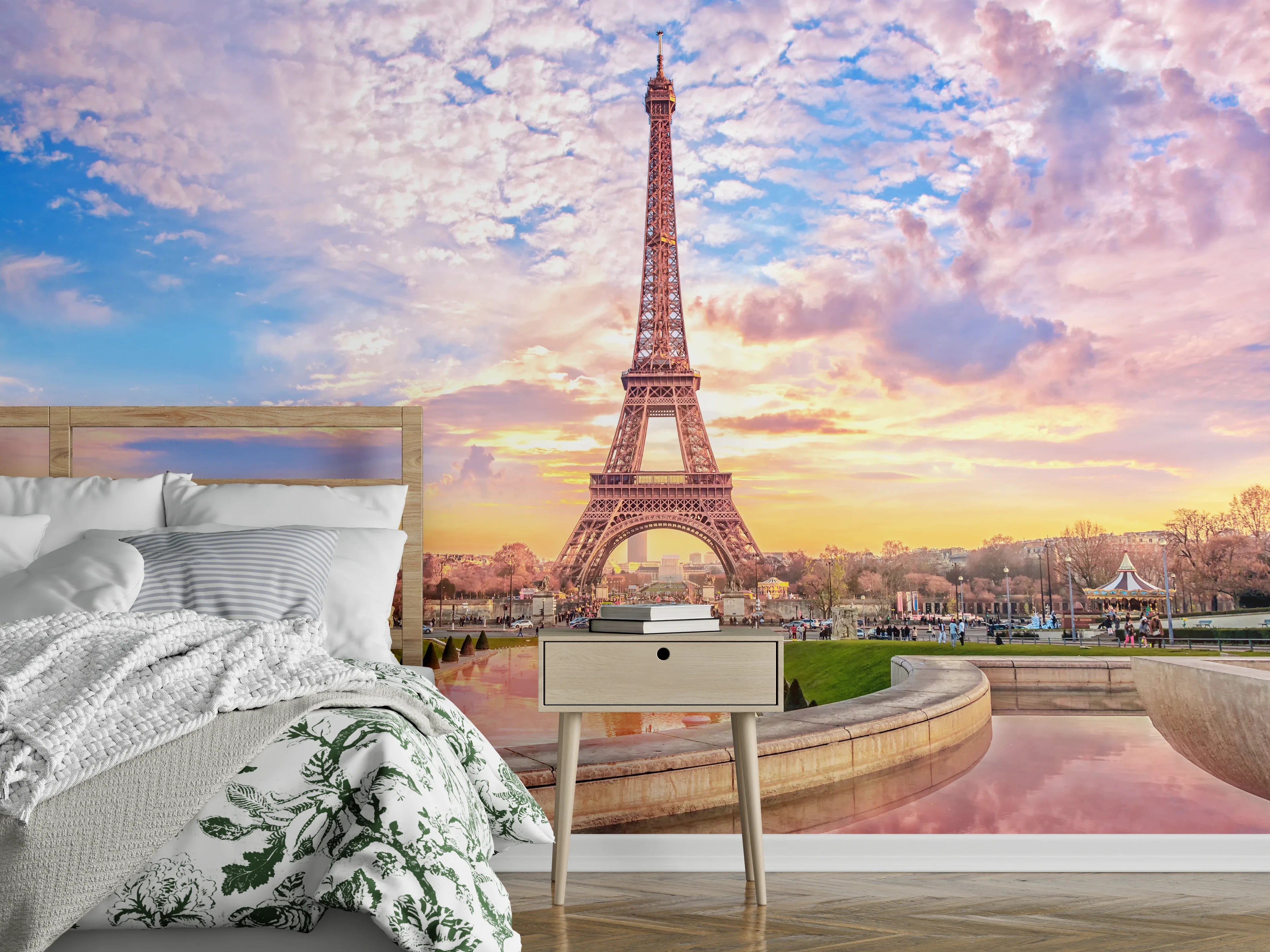 Wandverkleidung Schlafzimmer - Eiffelturm bei Sonnenuntergang Panorama