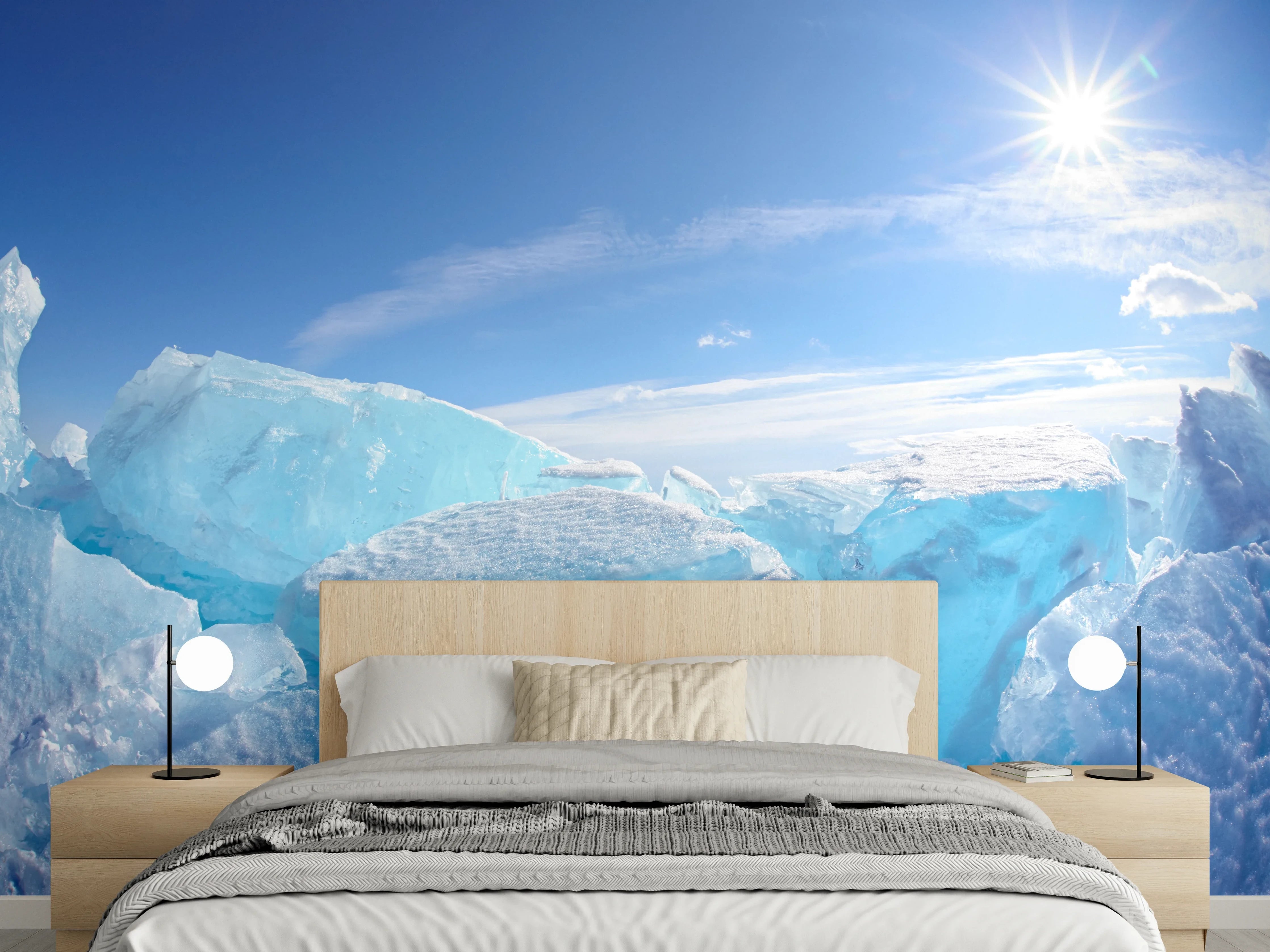 Wandverkleidung Schlafzimmer - Eislandschaft im Sonnenlicht Wandbild