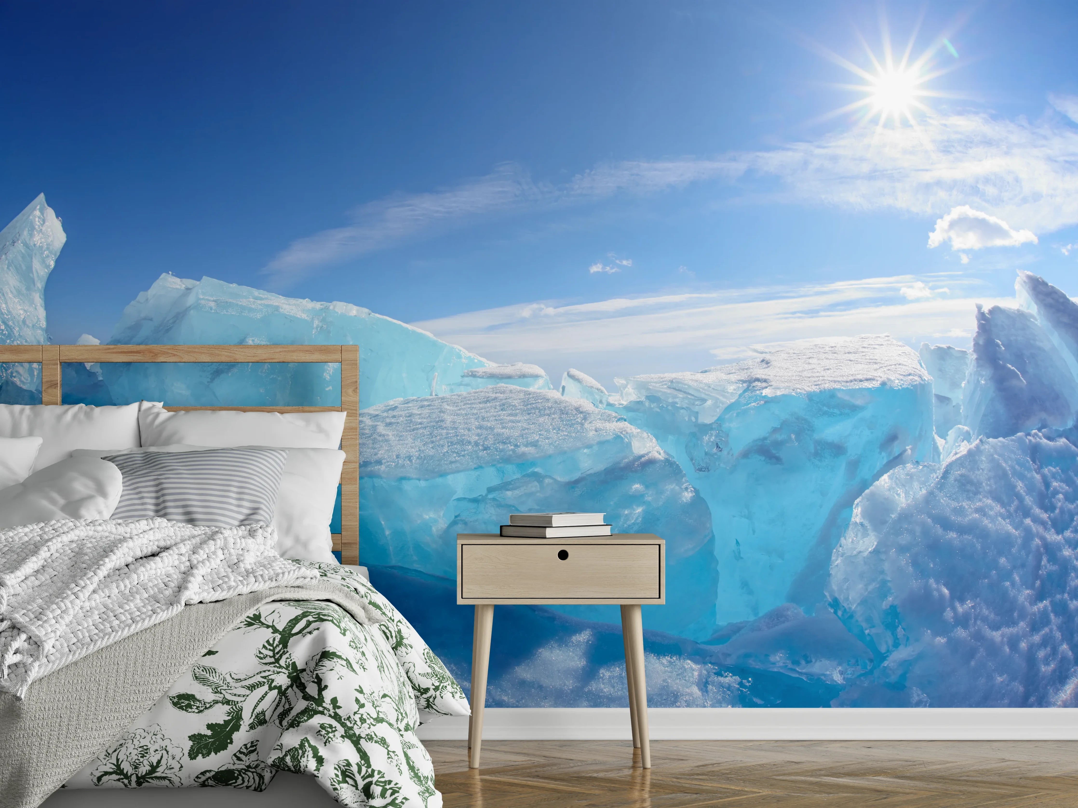 Wandverkleidung Schlafzimmer - Eislandschaft im Sonnenlicht Wandbild