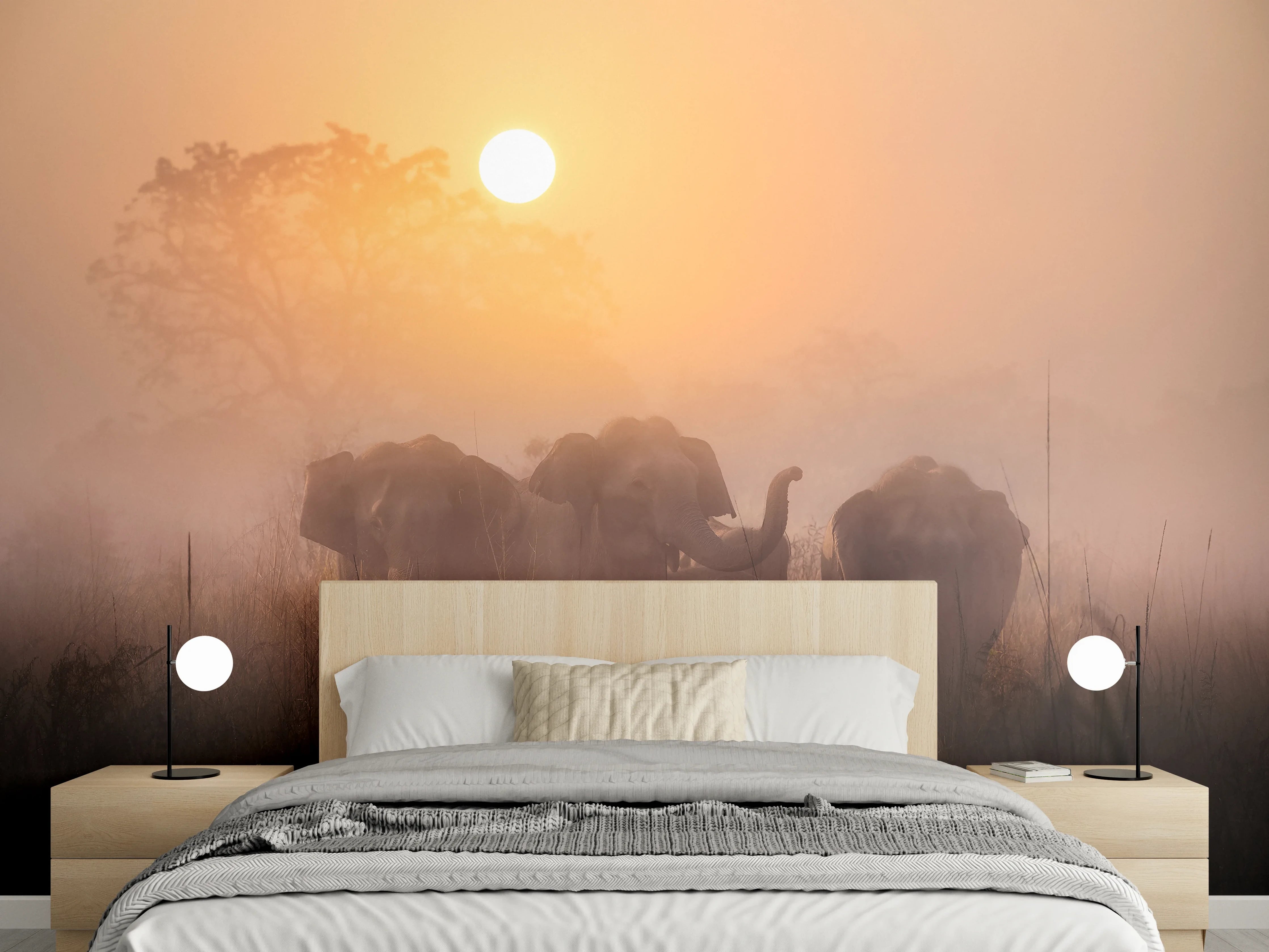 Wandverkleidung Schlafzimmer - Elefanten bei Morgengrauen