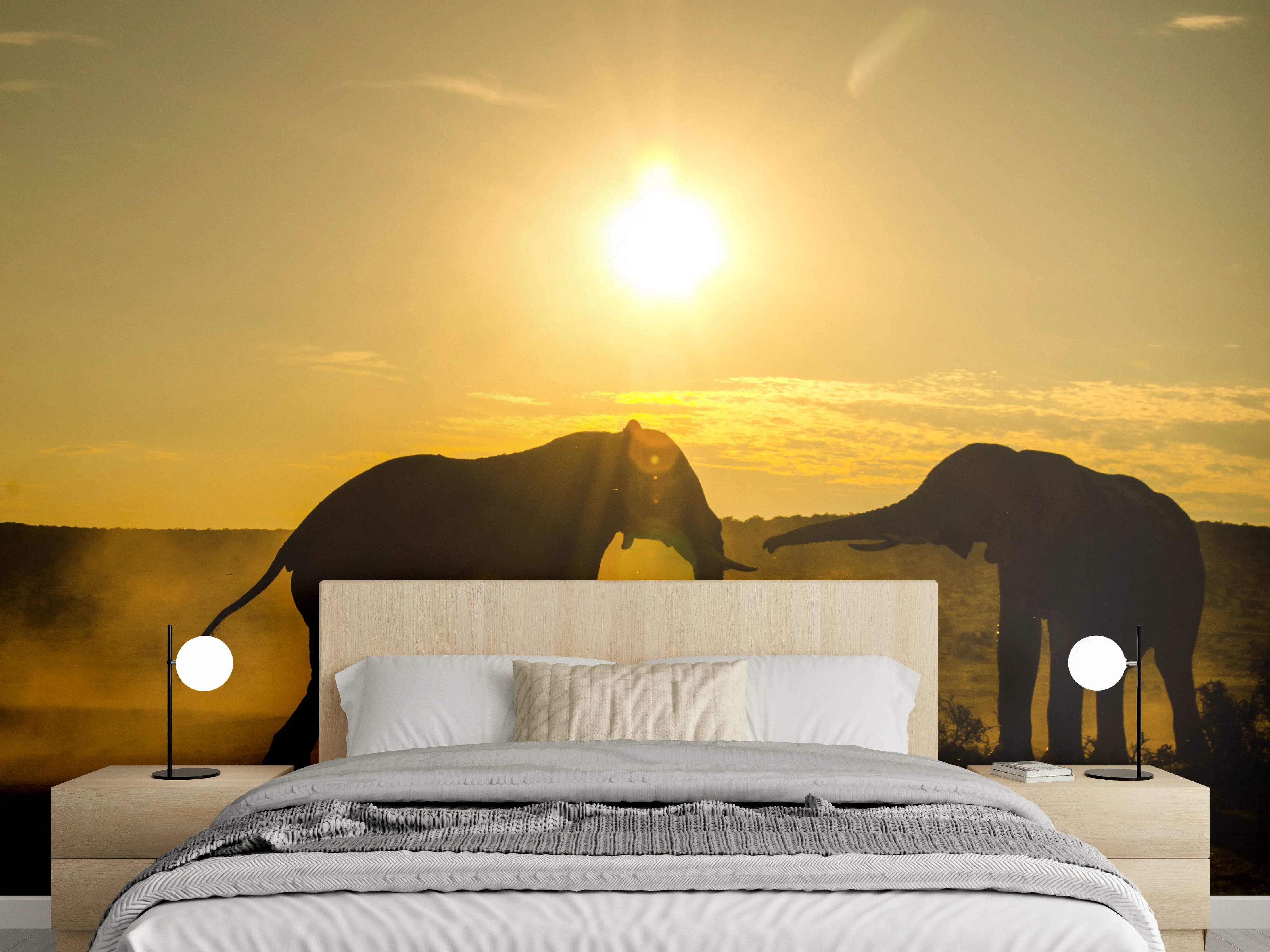 Wandverkleidung Schlafzimmer - Elefanten bei Sonnenuntergang