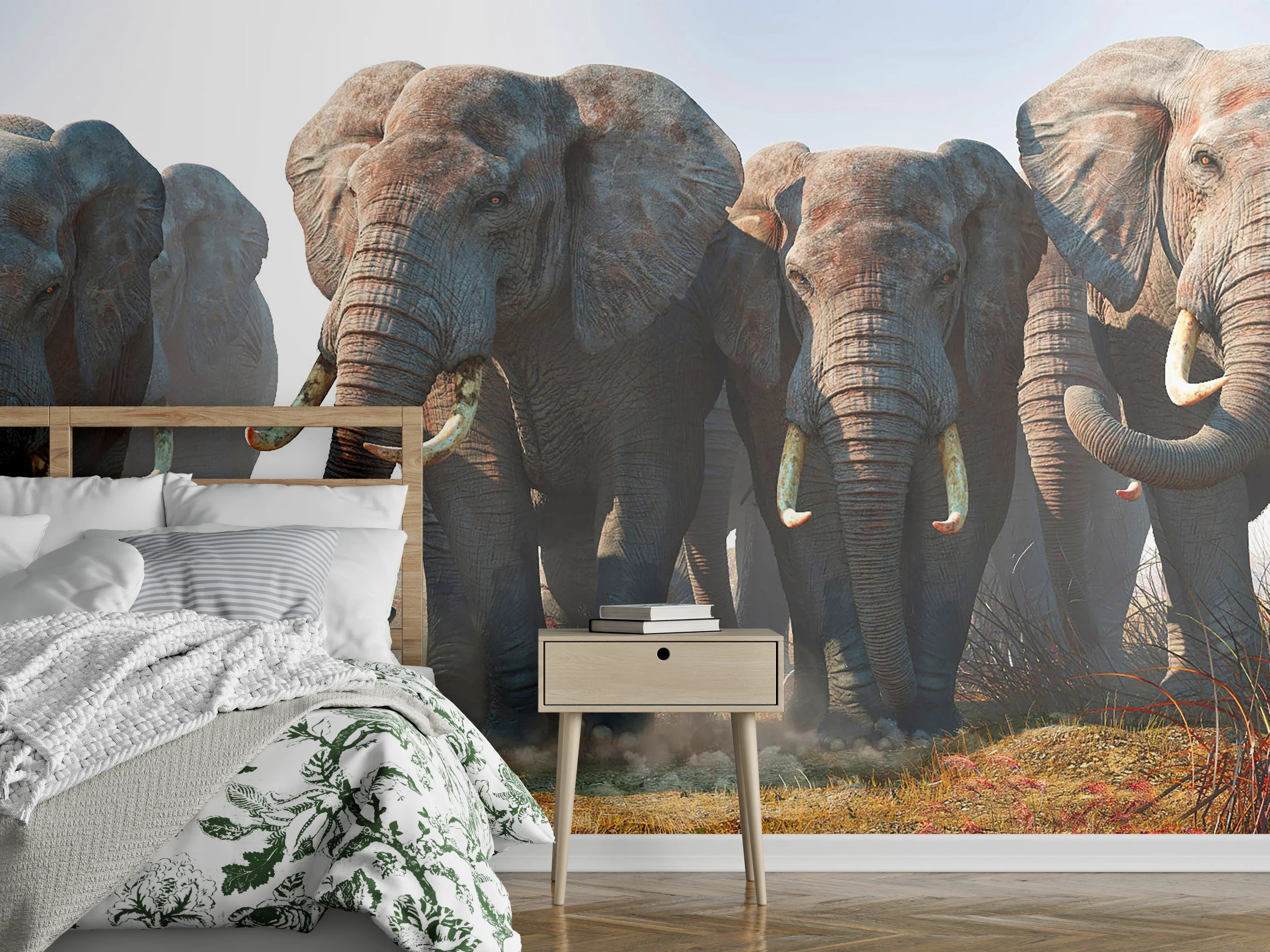 Wandverkleidung Schlafzimmer - Elefantenherde in der Wüste