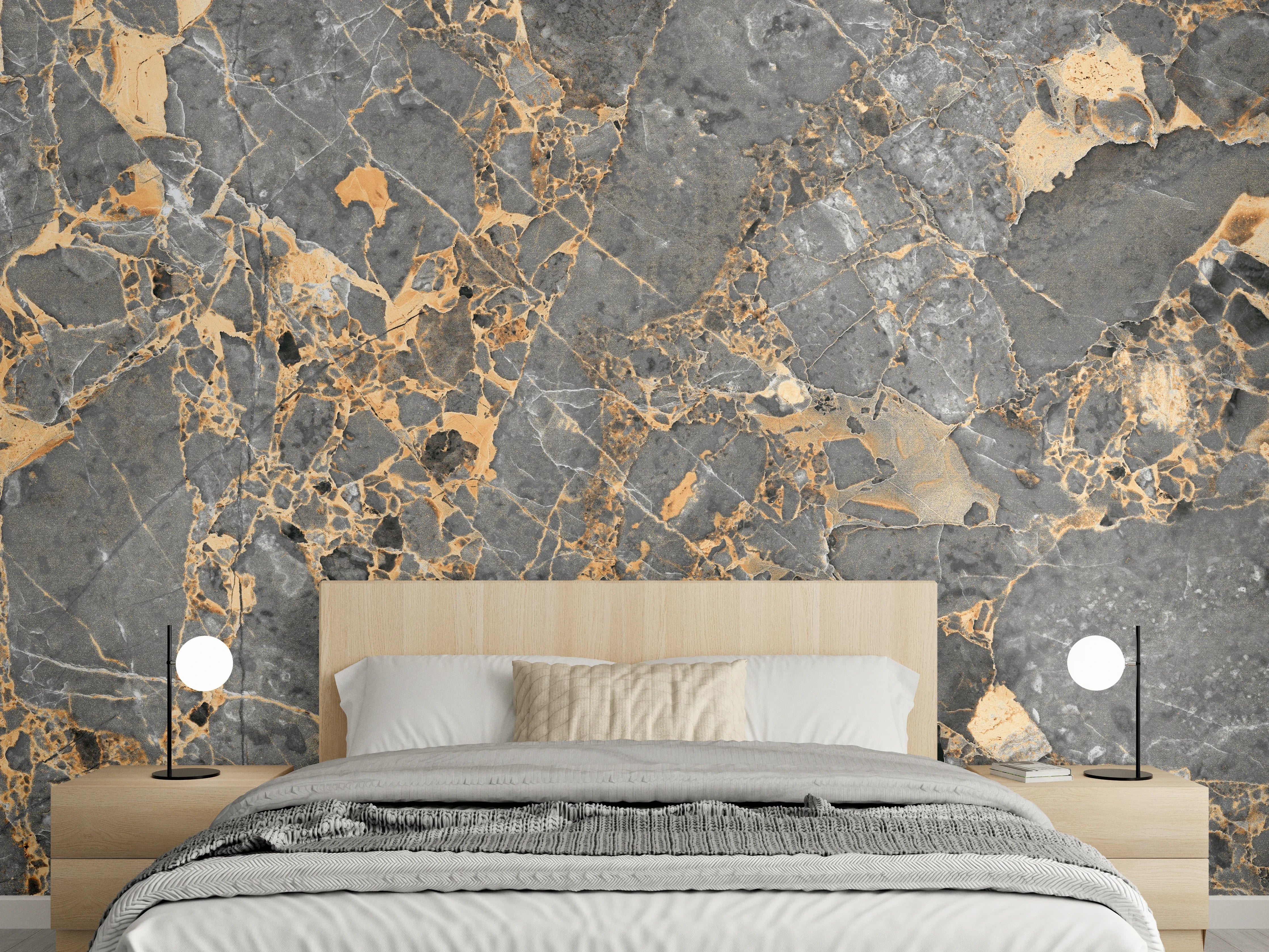 Wandverkleidung Schlafzimmer - Elegant graue Marmoroptik mit Goldadern