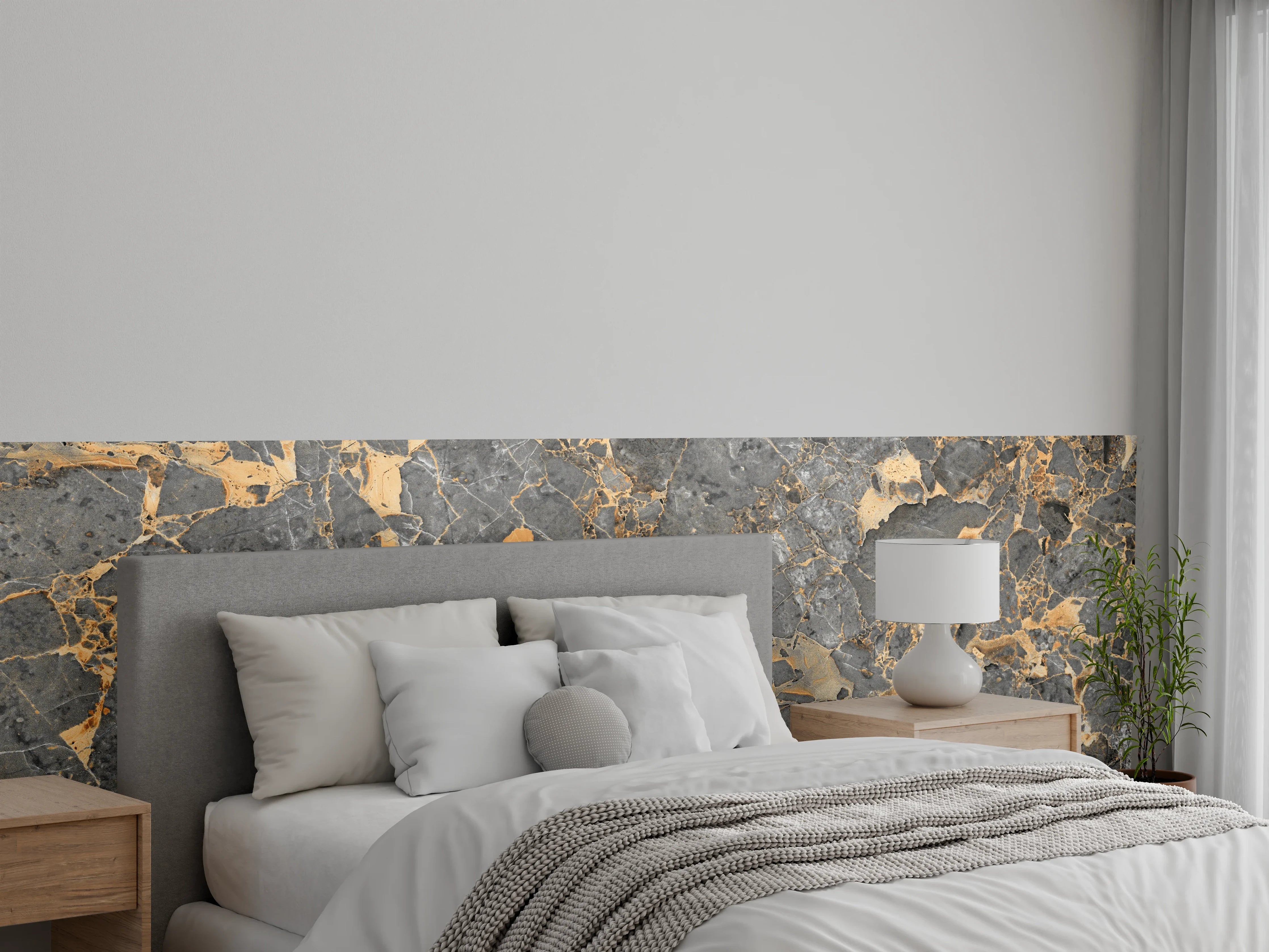 Wandverkleidung Schlafzimmer - Elegant graue Marmoroptik mit Goldadern