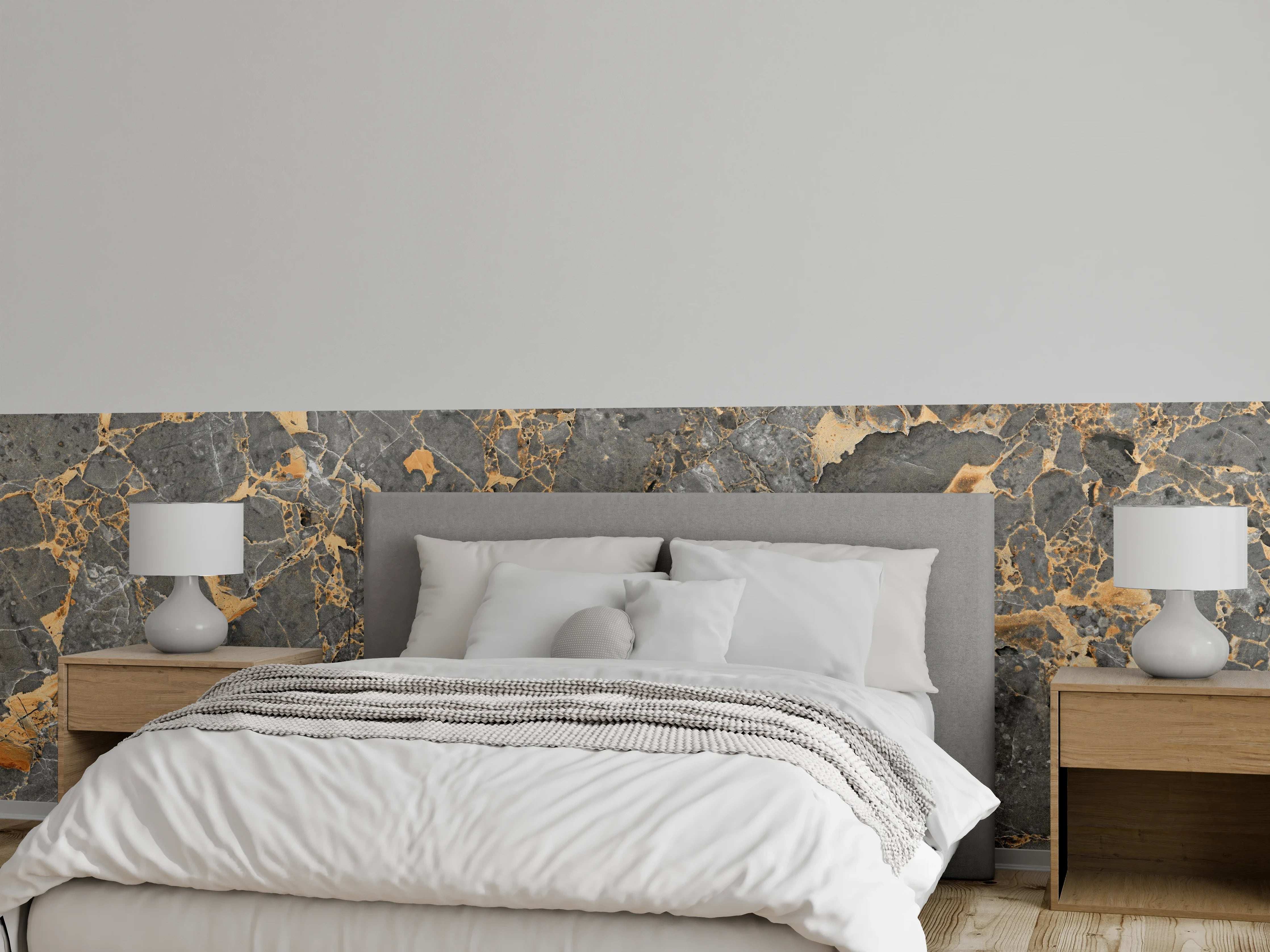 Wandverkleidung Schlafzimmer - Elegant graue Marmoroptik mit Goldadern