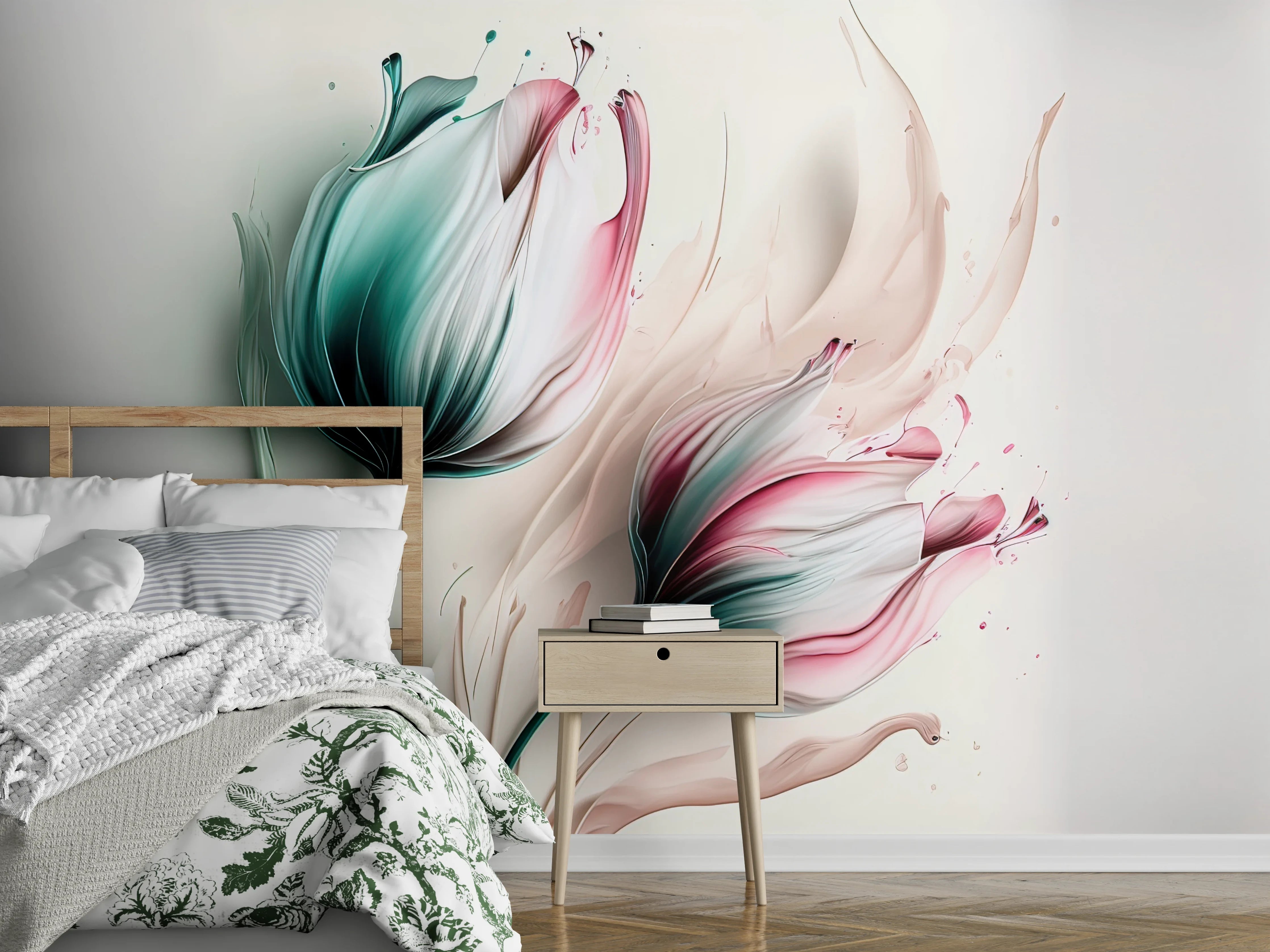 Wandverkleidung Schlafzimmer - Elegante Aquarell-Tulpen in Pastell
