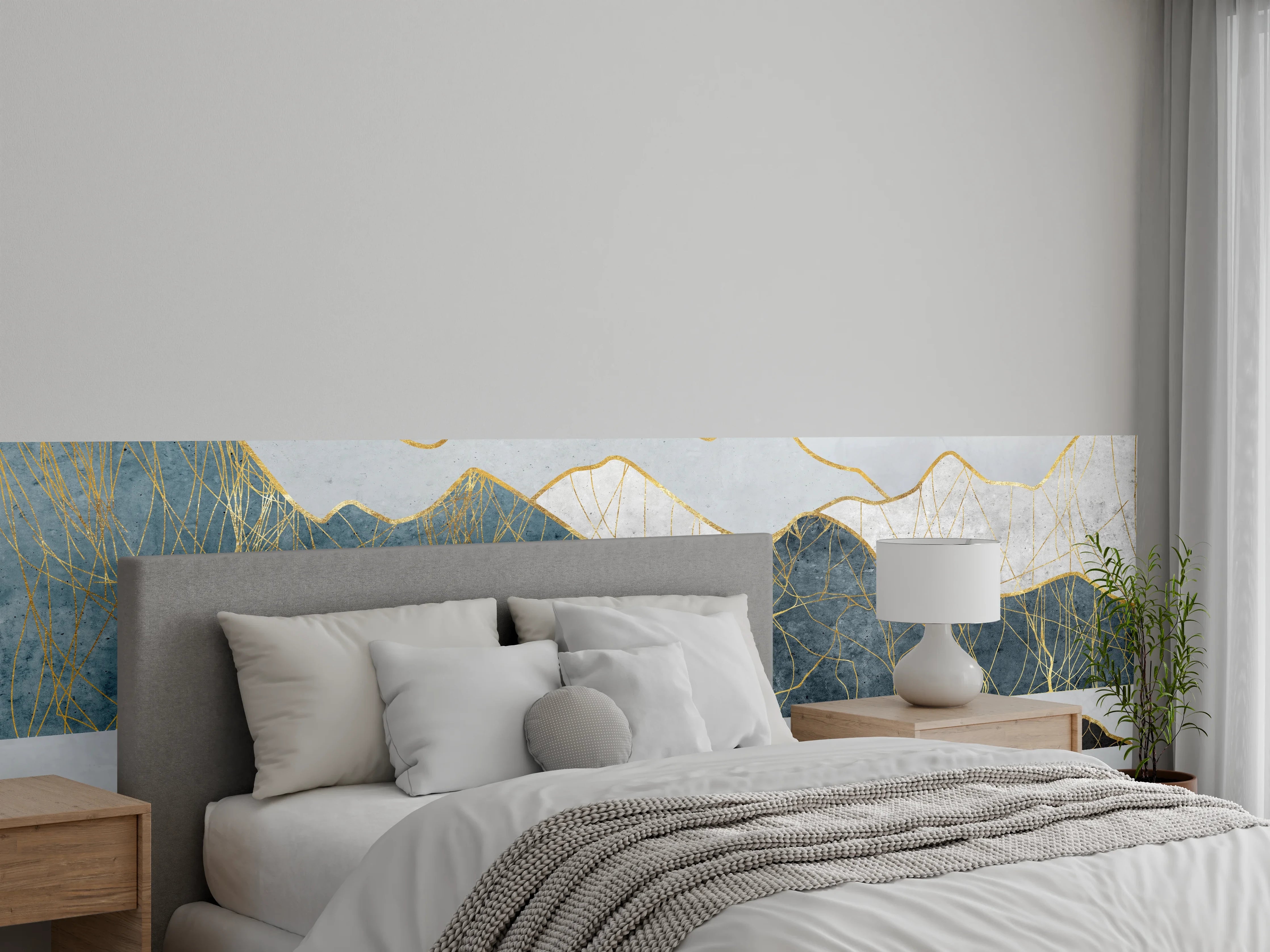 Wandverkleidung Schlafzimmer - Elegante Berglandschaft in Weiß und Grau