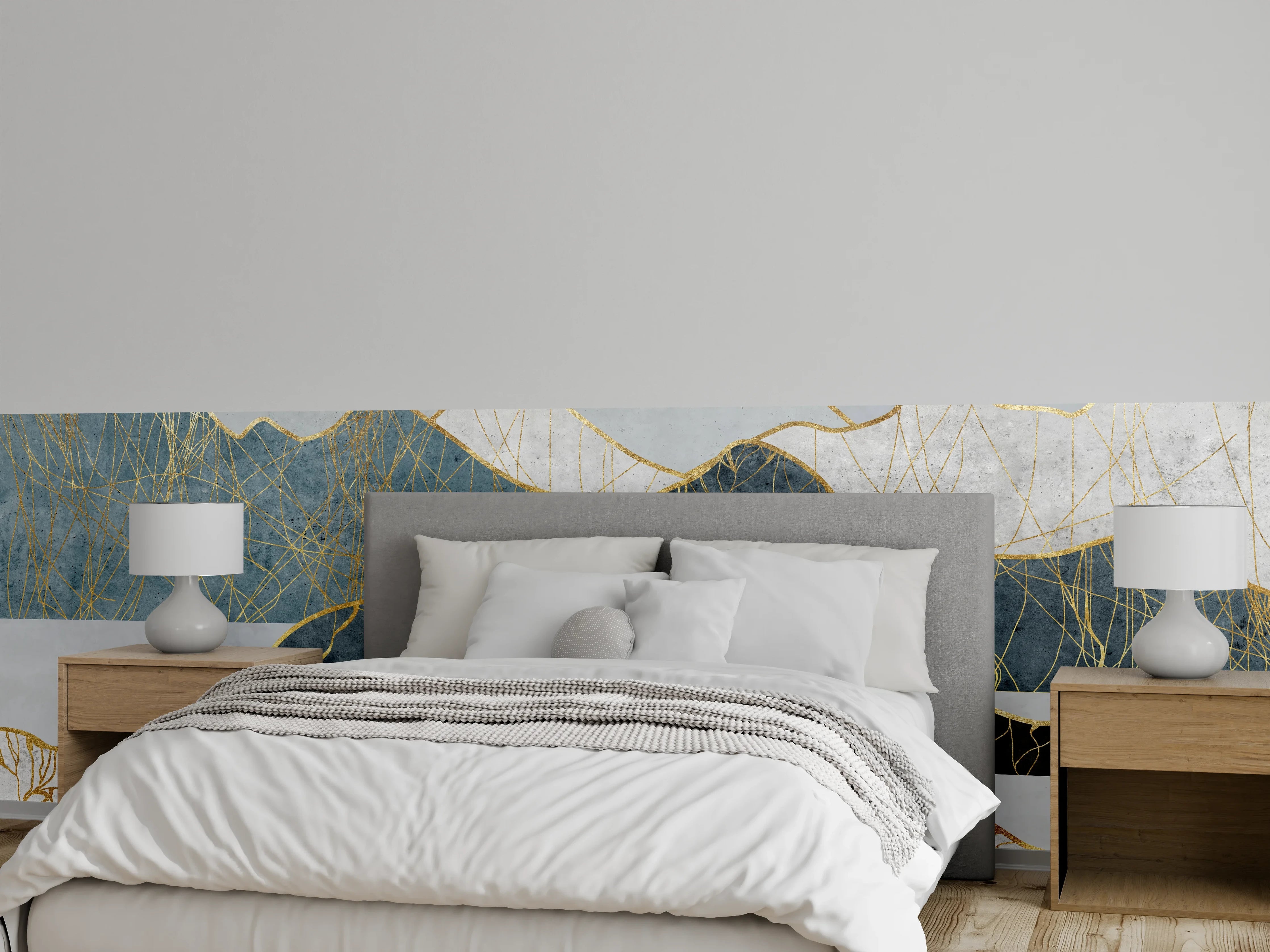 Wandverkleidung Schlafzimmer - Elegante Berglandschaft in Weiß und Grau