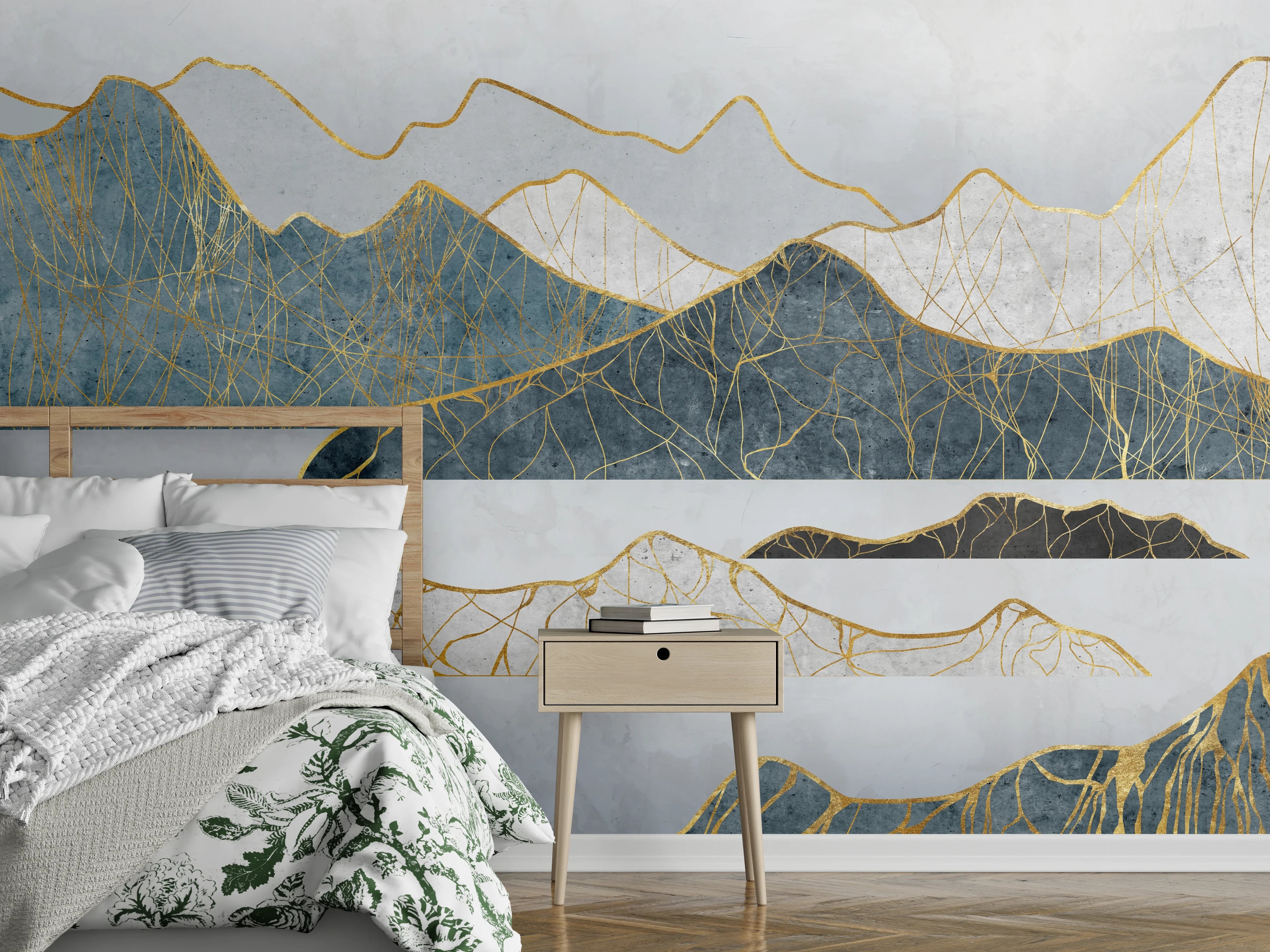 Wandverkleidung Schlafzimmer - Elegante Berglandschaft in Weiß und Grau