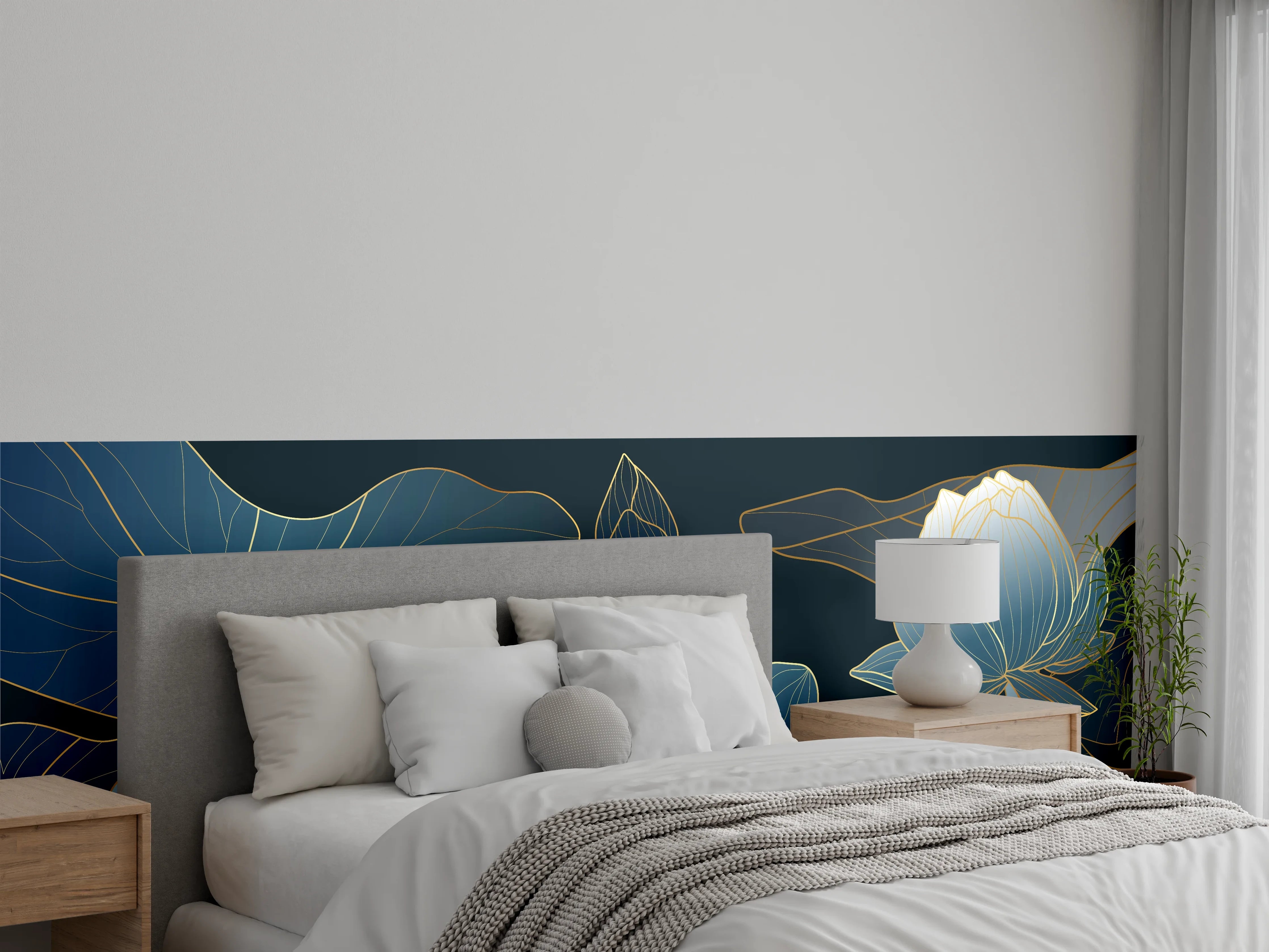 Wandverkleidung Schlafzimmer - Elegante Blau-Weiße Blumenillustration