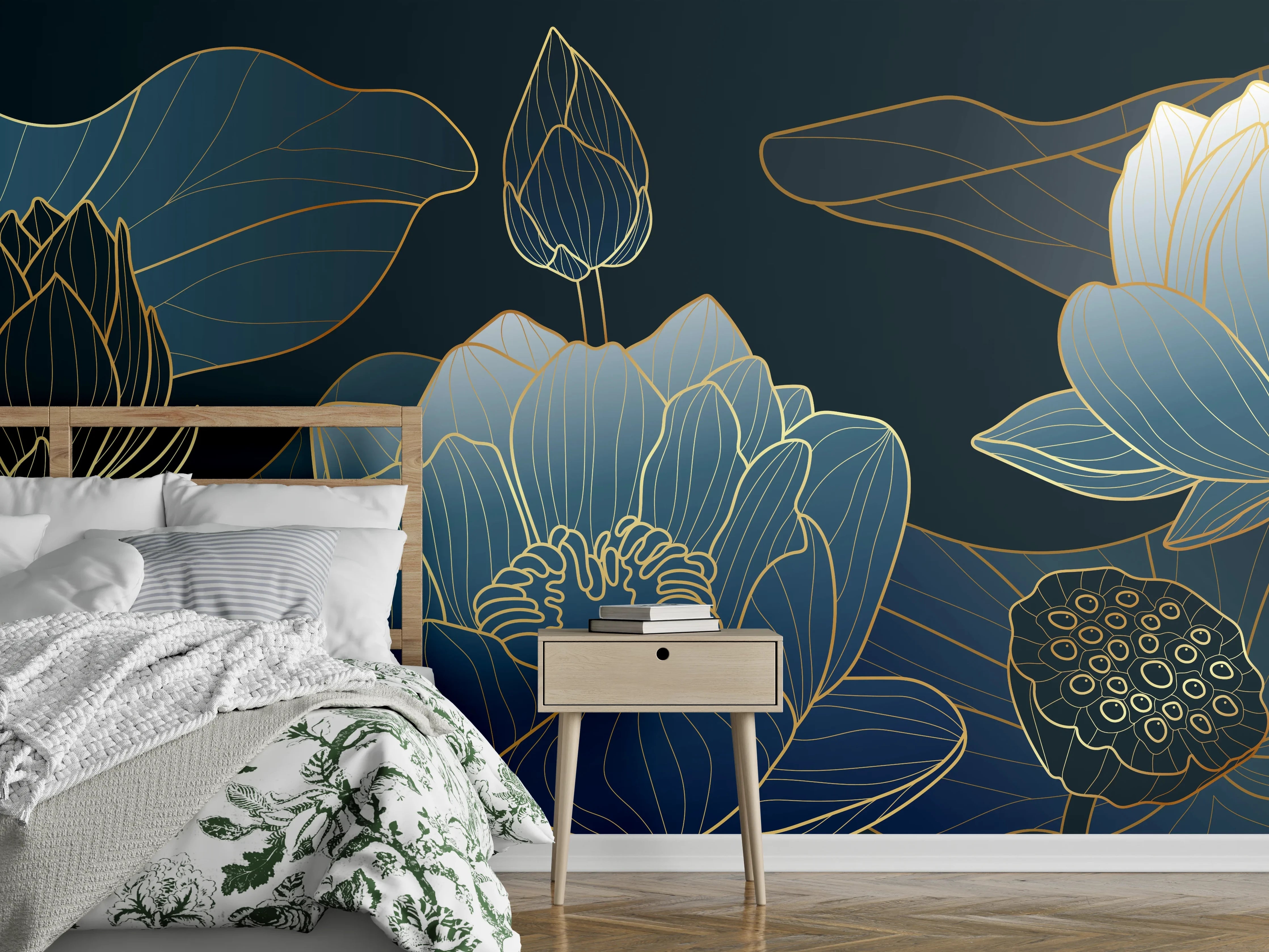 Wandverkleidung Schlafzimmer - Elegante Blau-Weiße Blumenillustration