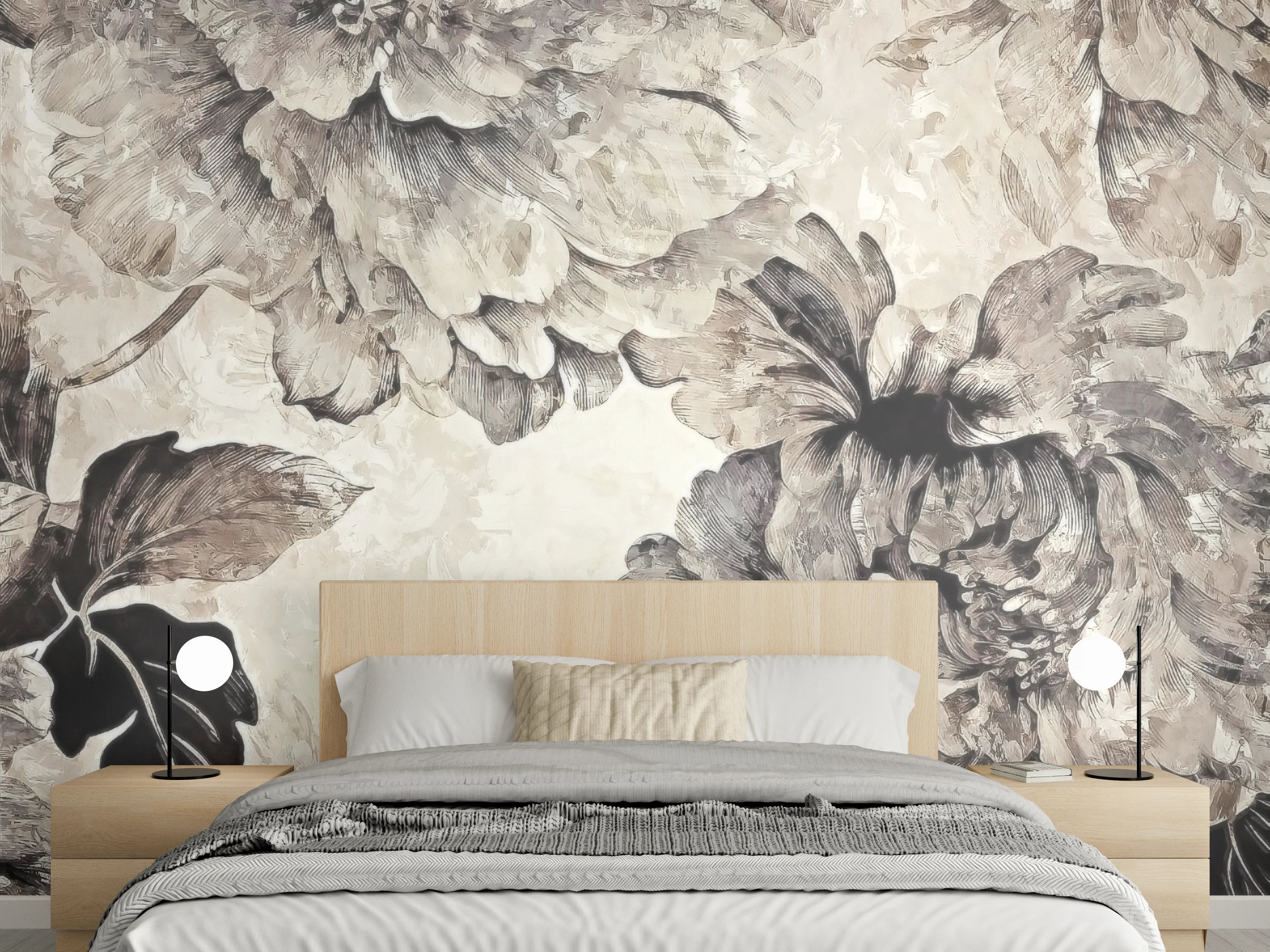 Wandverkleidung Schlafzimmer - Elegante Blumen Collage Beige Grau