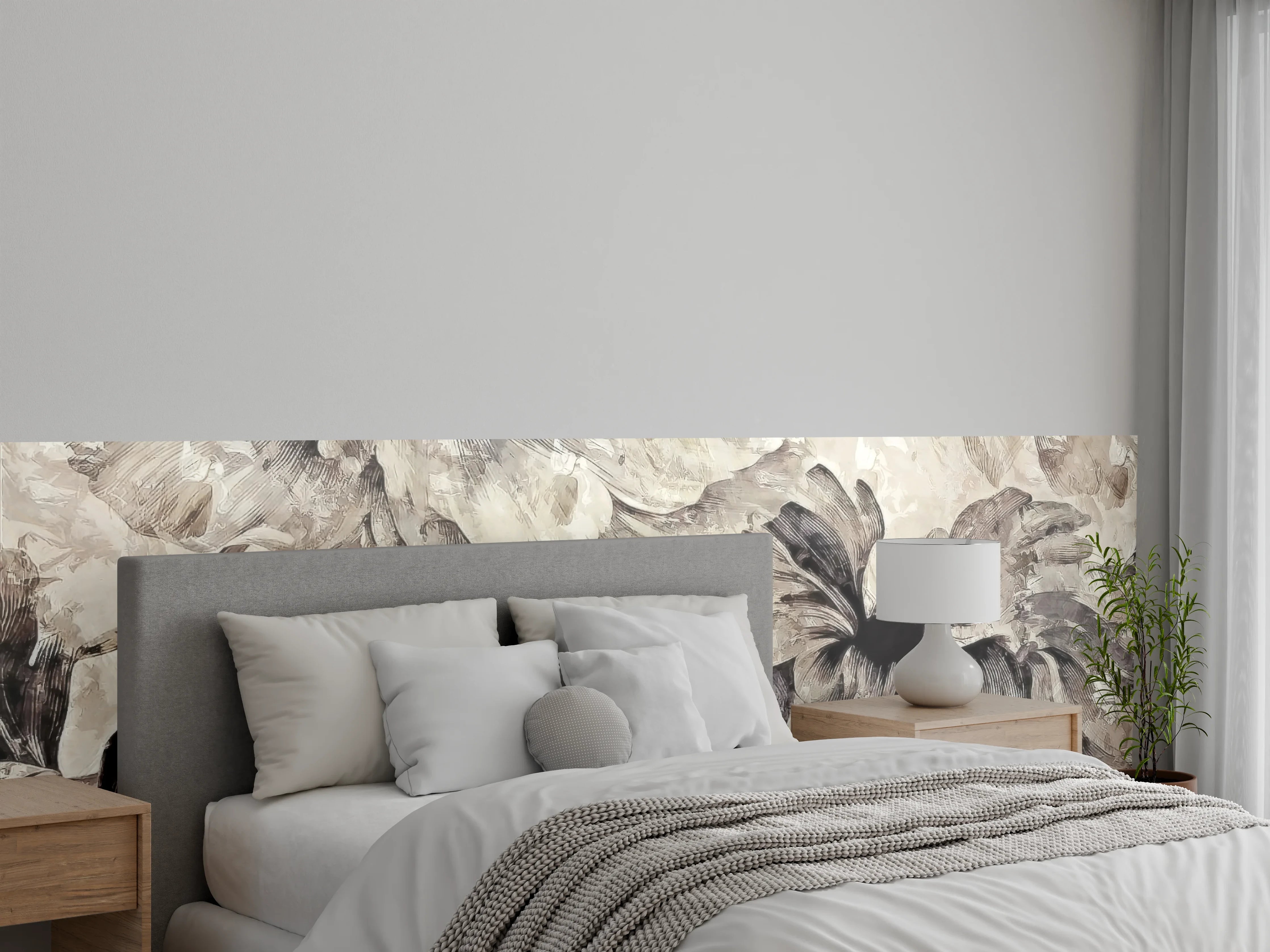Wandverkleidung Schlafzimmer - Elegante Blumen Collage Beige Grau