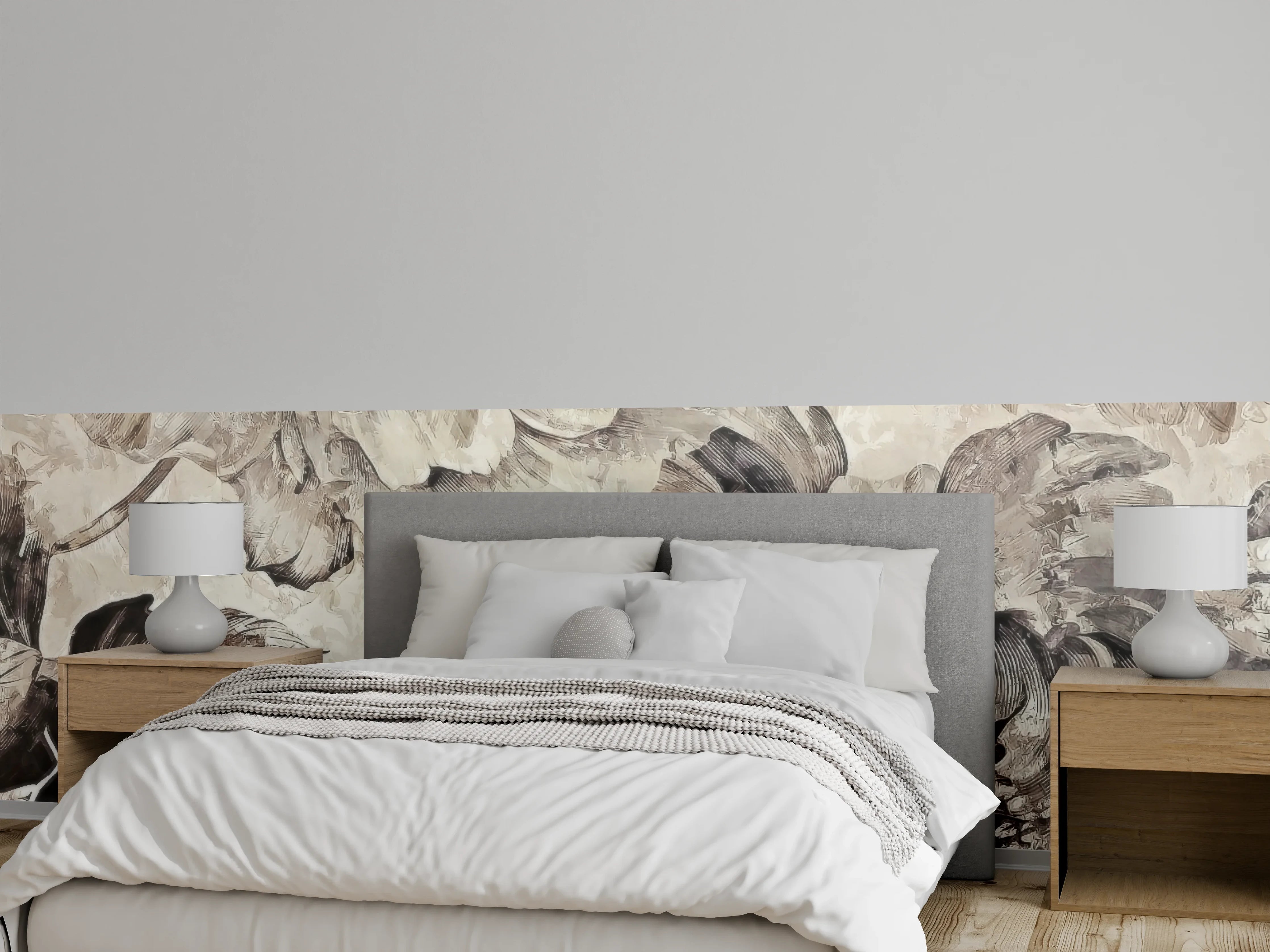 Wandverkleidung Schlafzimmer - Elegante Blumen Collage Beige Grau