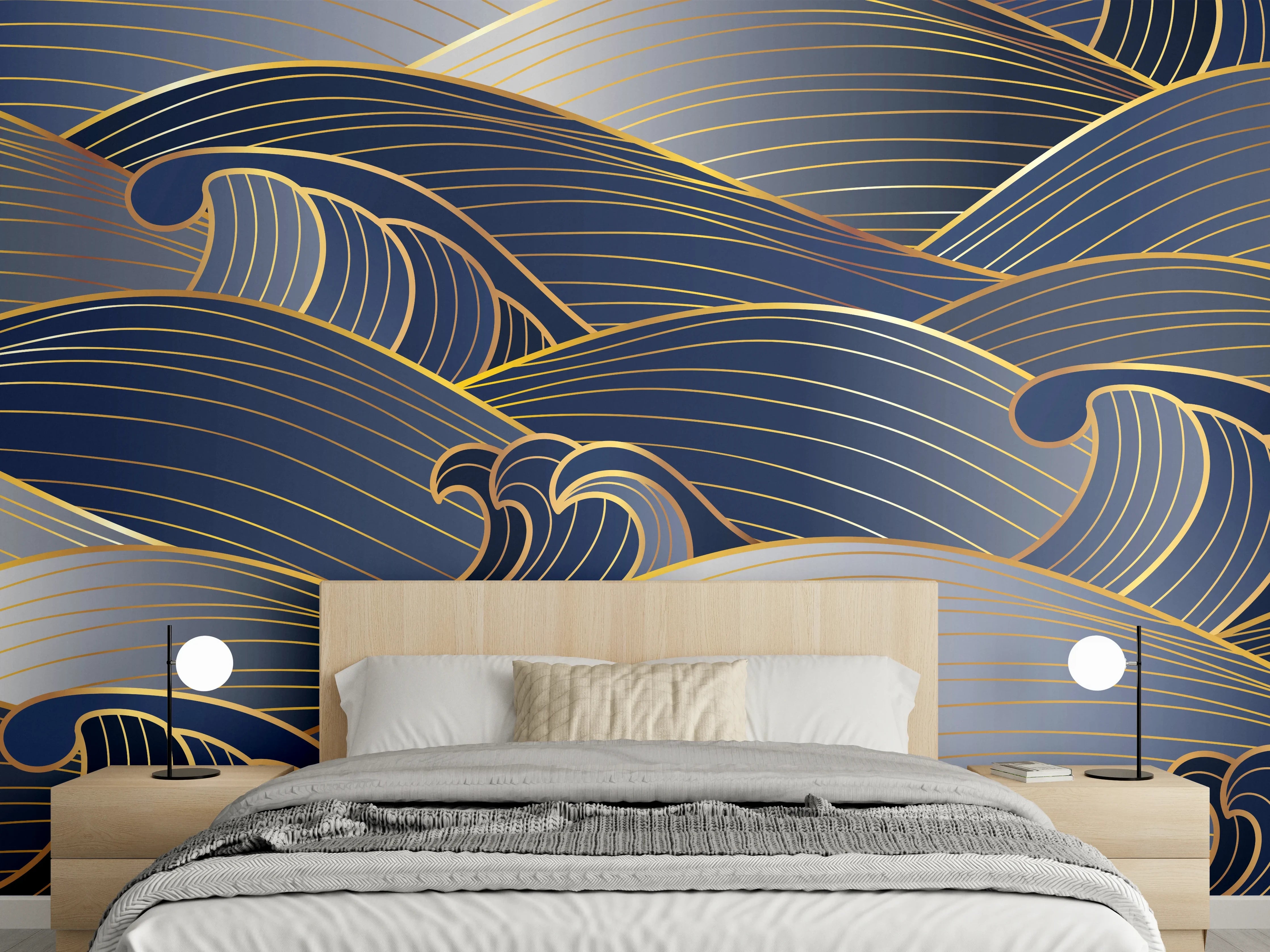 Wandverkleidung Schlafzimmer - Elegante Gold-Blau Wellentextur