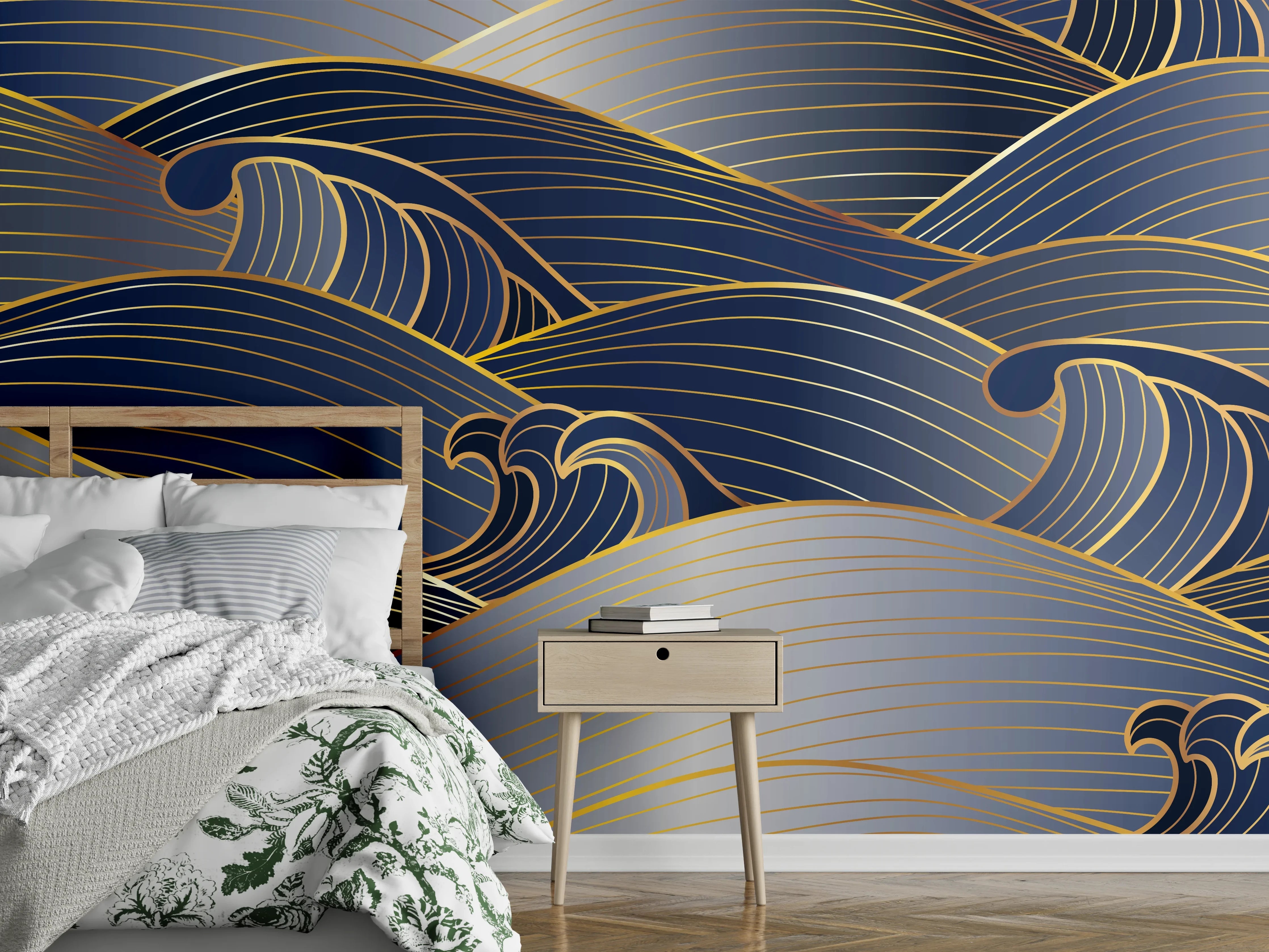 Wandverkleidung Schlafzimmer - Elegante Gold-Blau Wellentextur