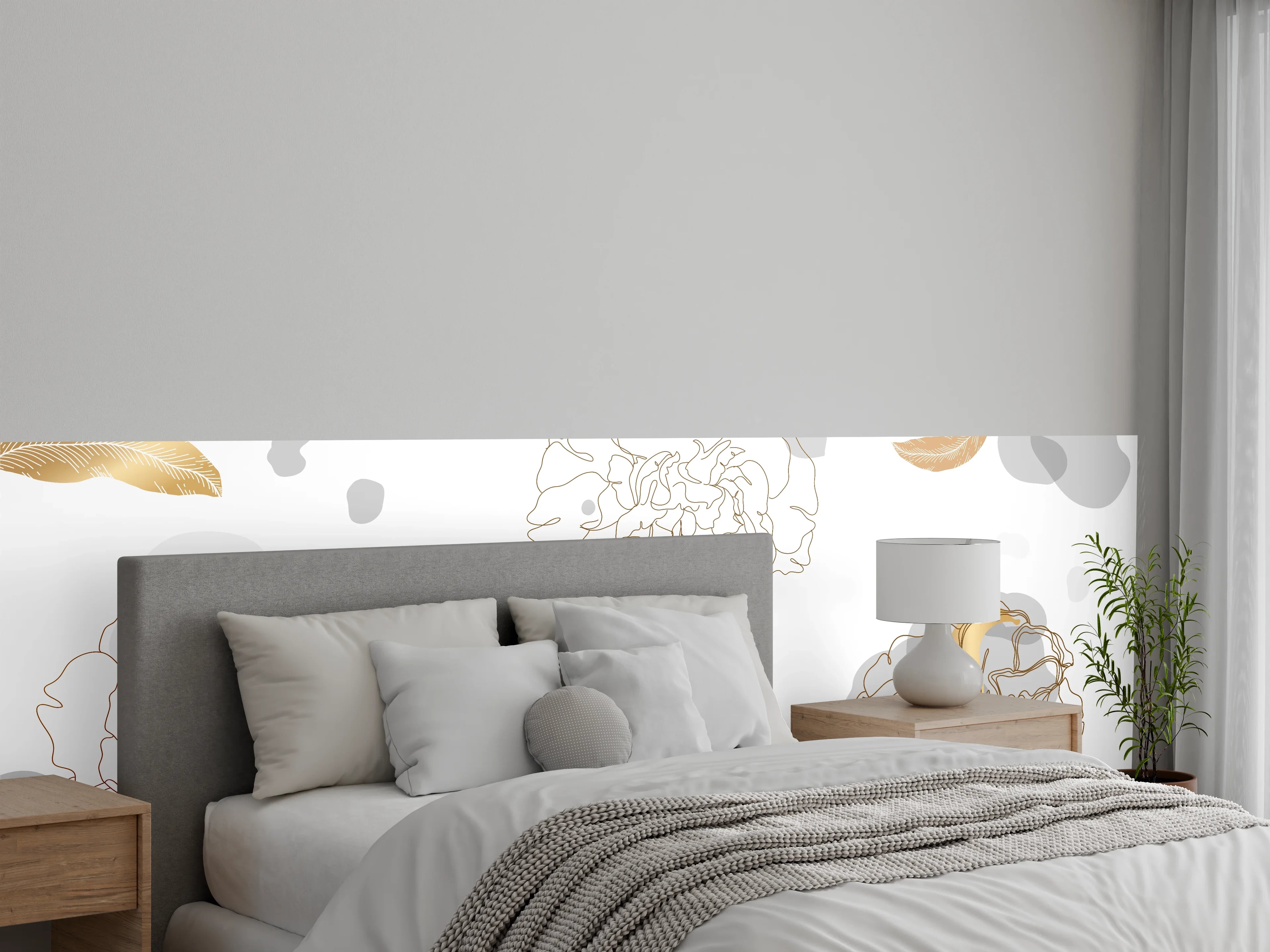 Wandverkleidung Schlafzimmer - Elegante Gold-Grau Floral Kunst