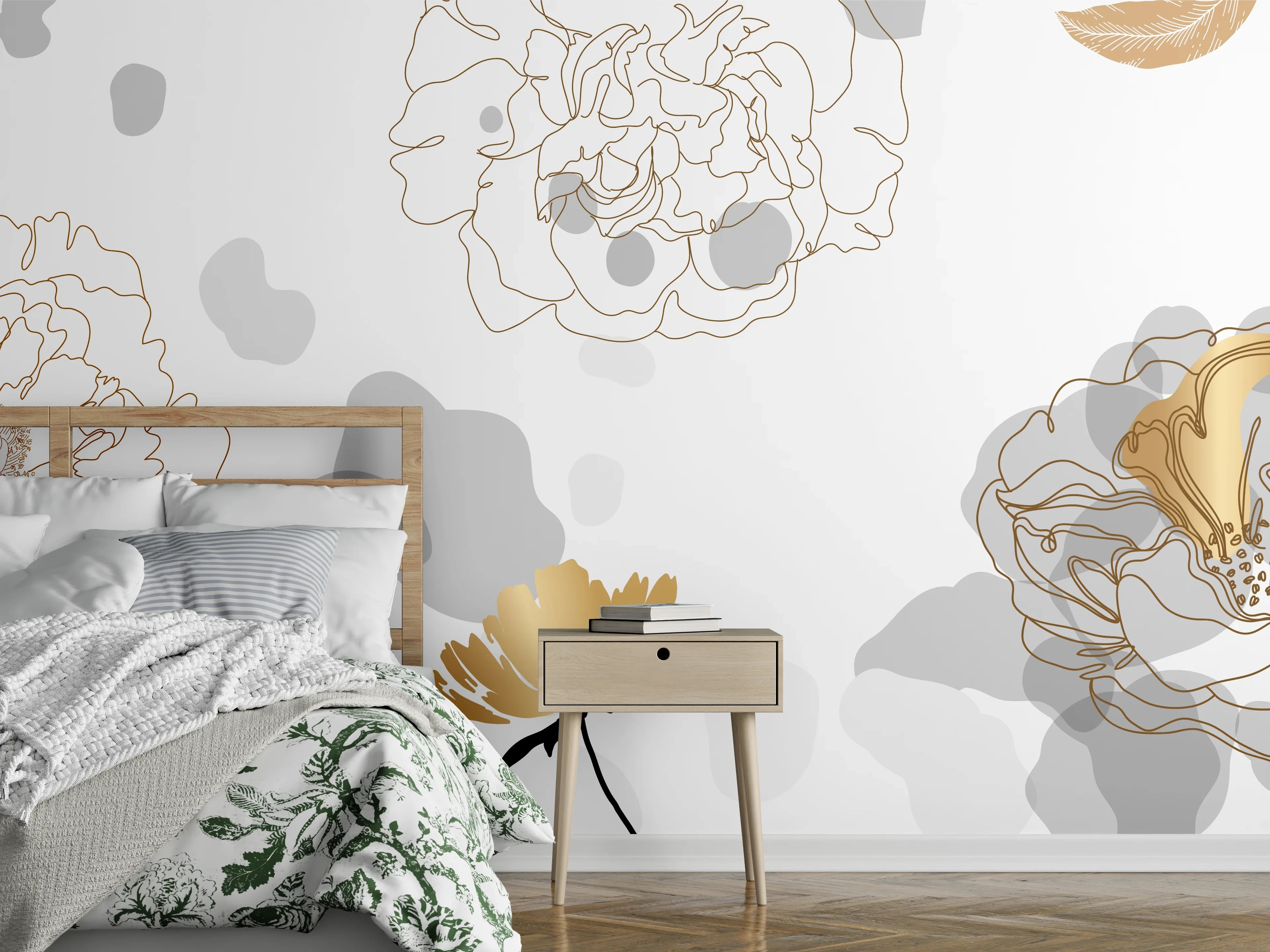 Wandverkleidung Schlafzimmer - Elegante Gold-Grau Floral Kunst