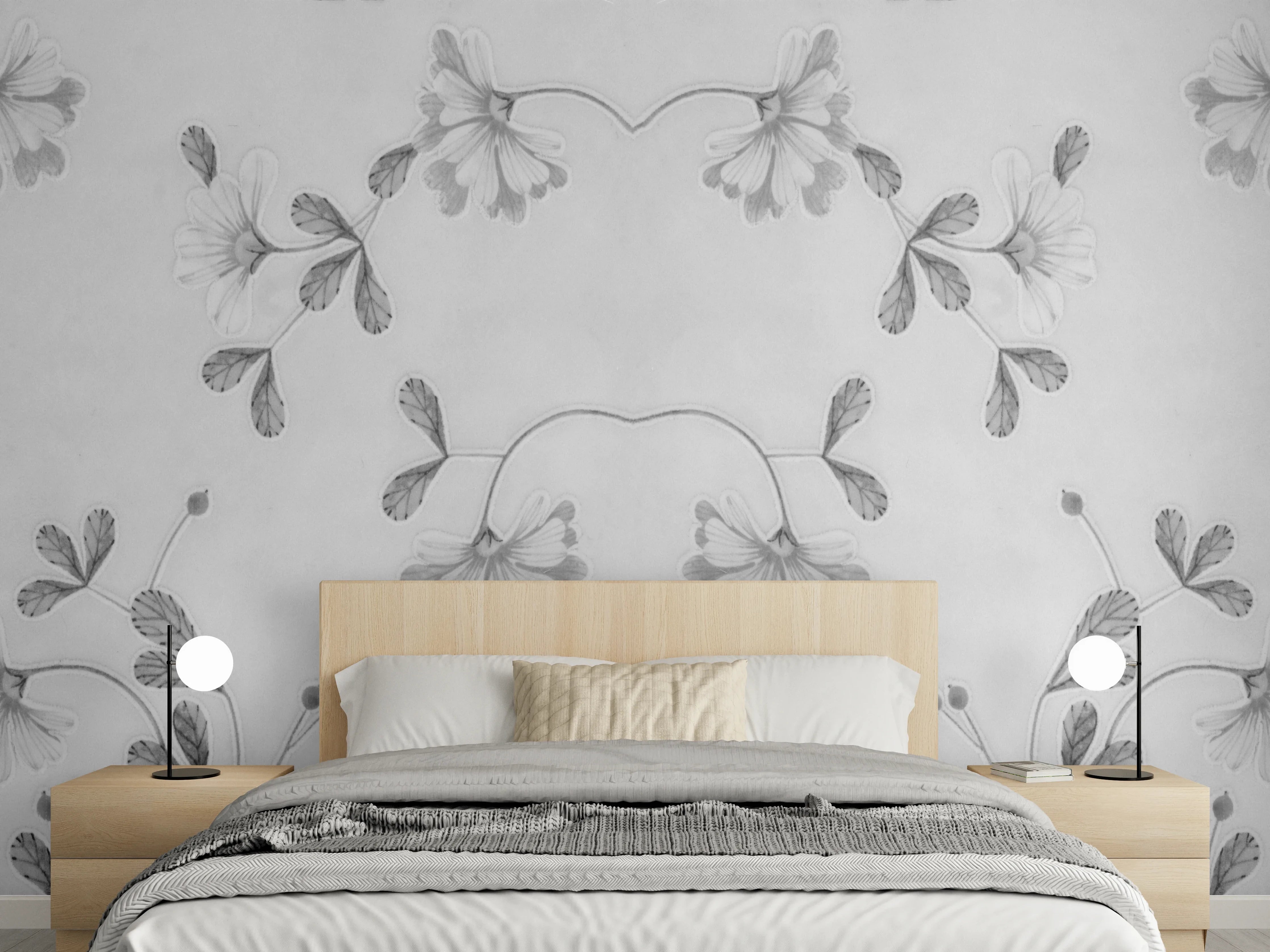 Wandverkleidung Schlafzimmer - Elegante Grau-Weiße Blumenmuster