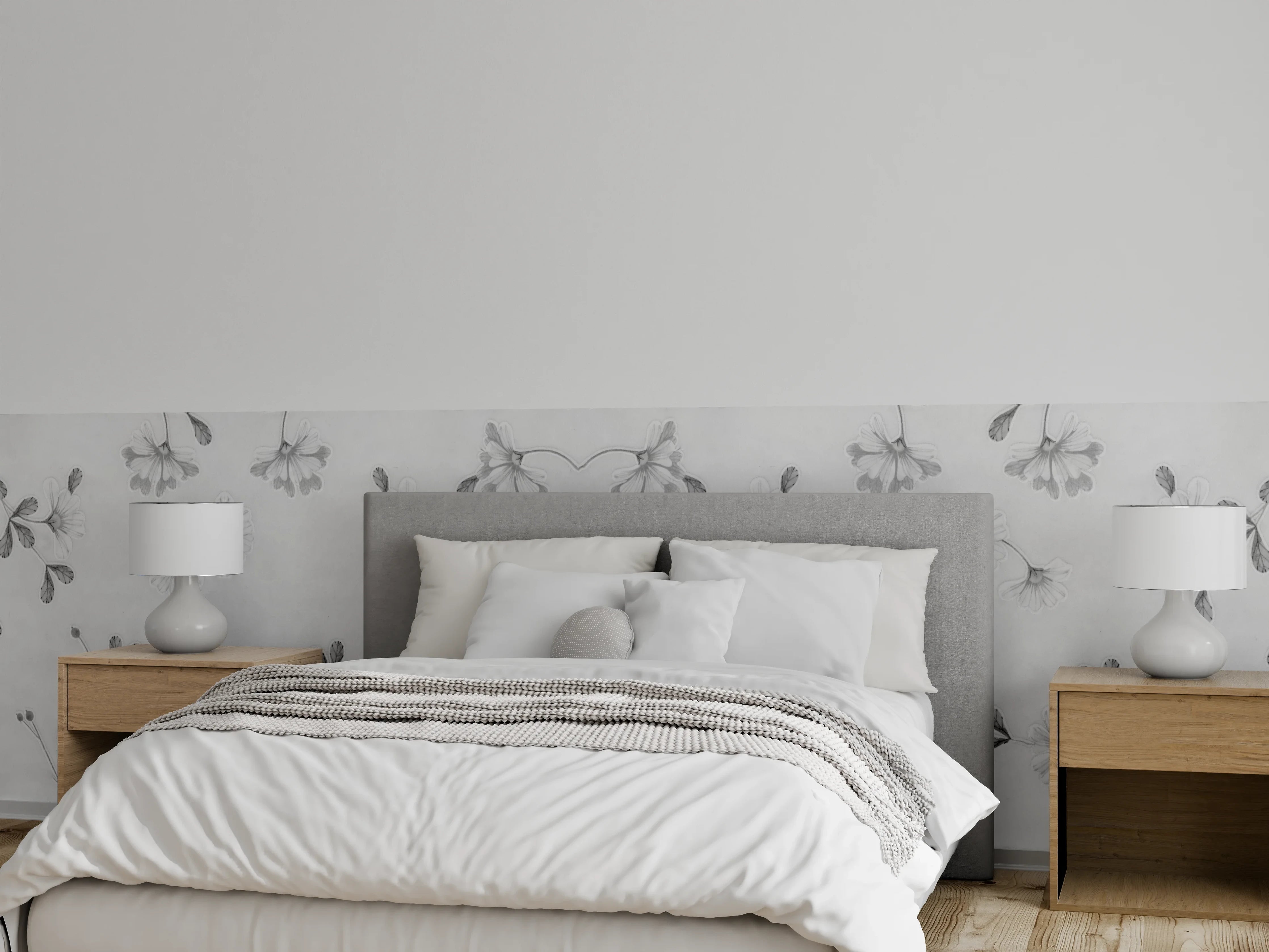 Wandverkleidung Schlafzimmer - Elegante Grau-Weiße Blumenmuster