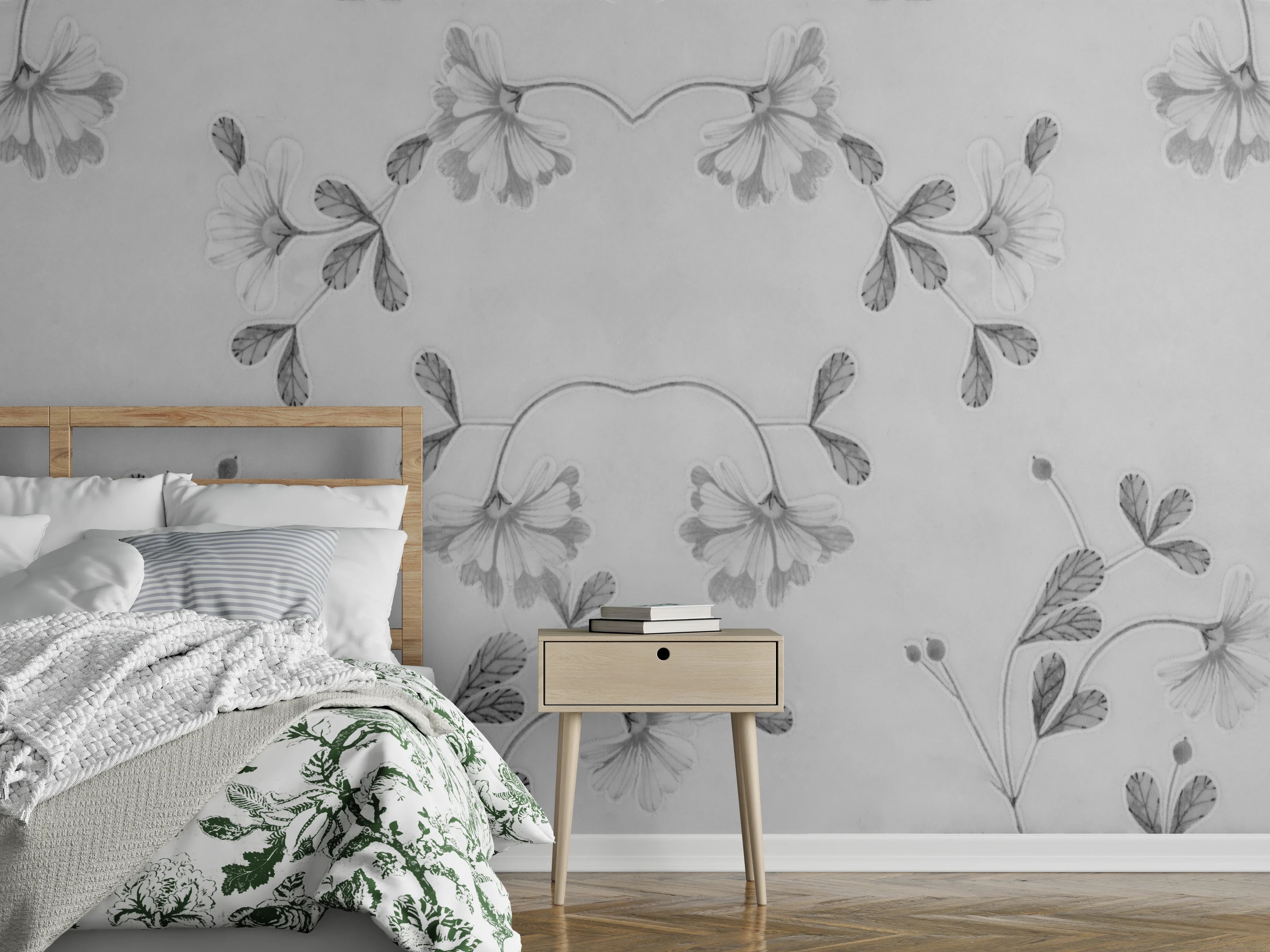 Wandverkleidung Schlafzimmer - Elegante Grau-Weiße Blumenmuster