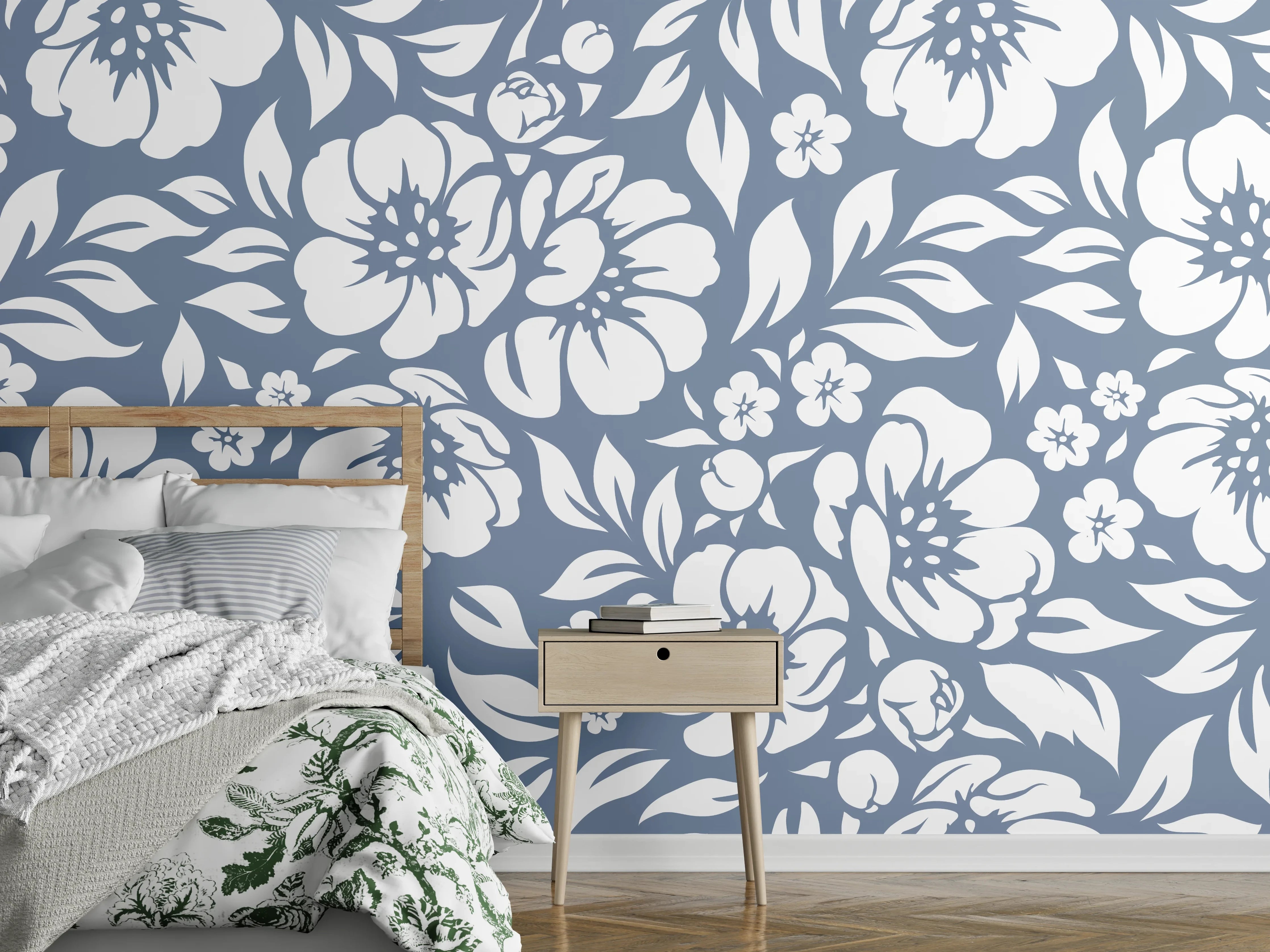 Wandverkleidung Schlafzimmer - Elegante Grautöne im blauen und weißen Blumendesign