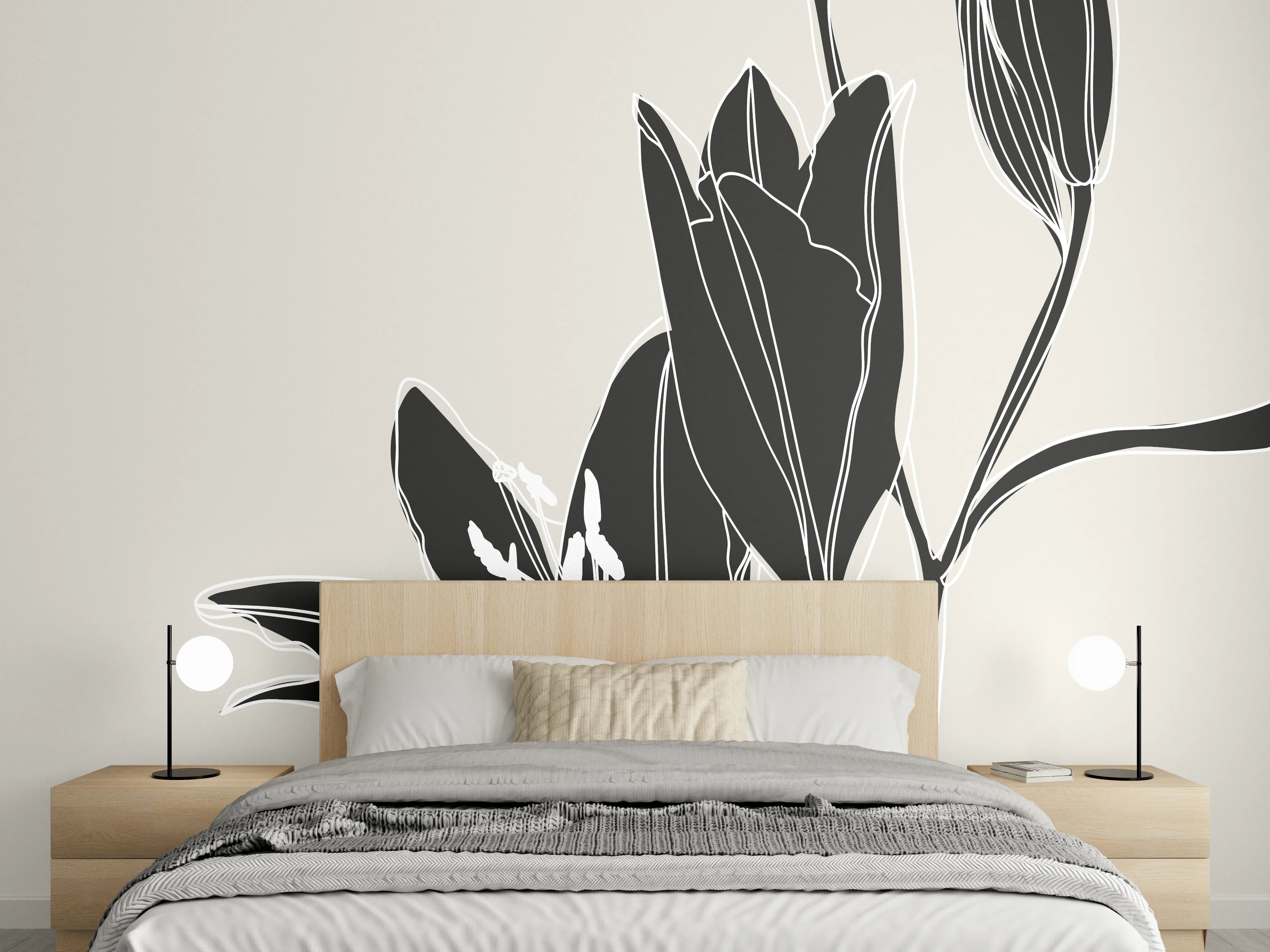 Wandverkleidung Schlafzimmer - Elegante Lineart Lilie Schwarz-Weiß