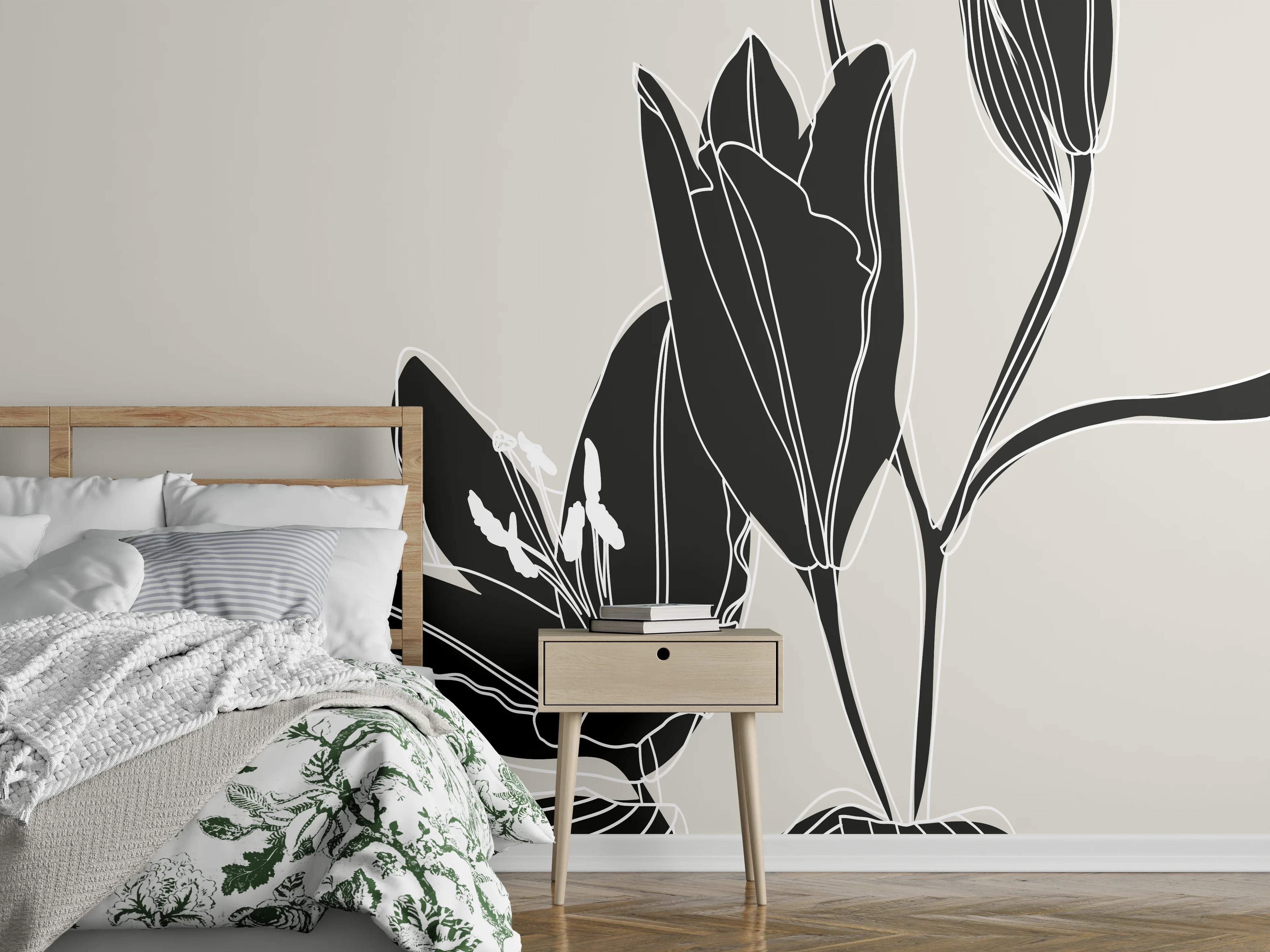 Wandverkleidung Schlafzimmer - Elegante Lineart Lilie Schwarz-Weiß