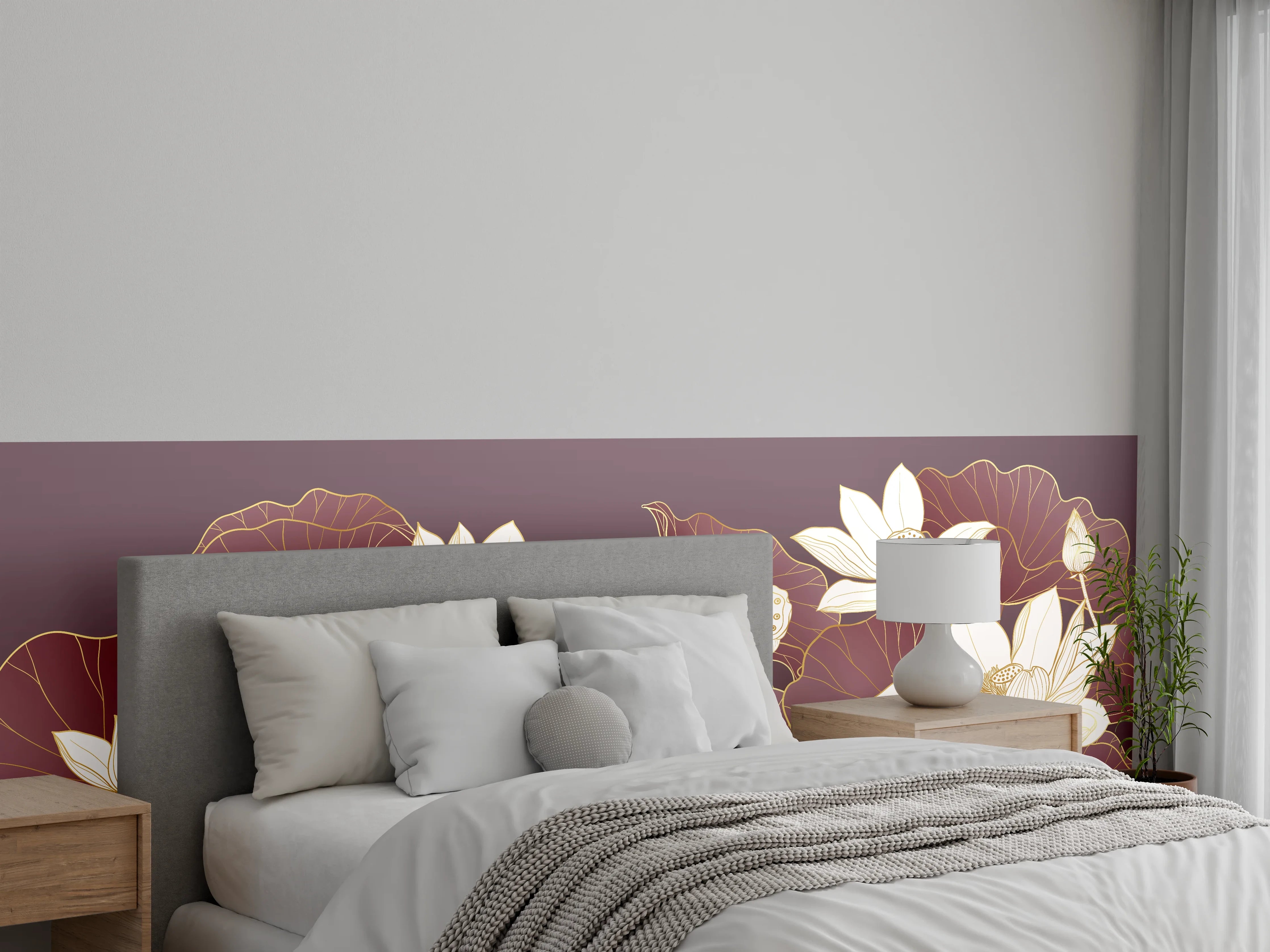 Wandverkleidung Schlafzimmer - Elegante Lotusblüten Illustration Bordeaux Gold