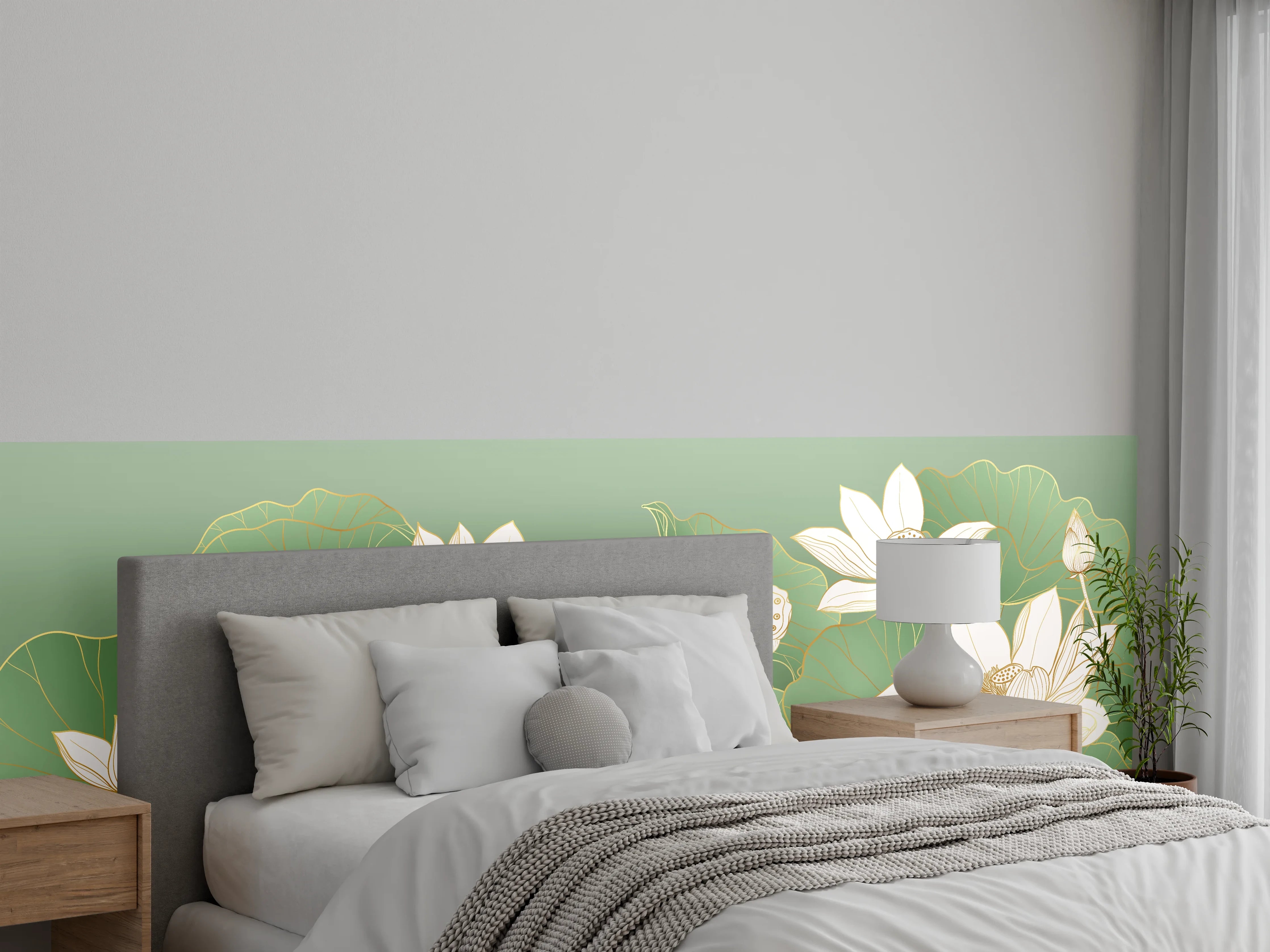 Wandverkleidung Schlafzimmer - Elegante Lotusblüten Illustration Grün Weiß