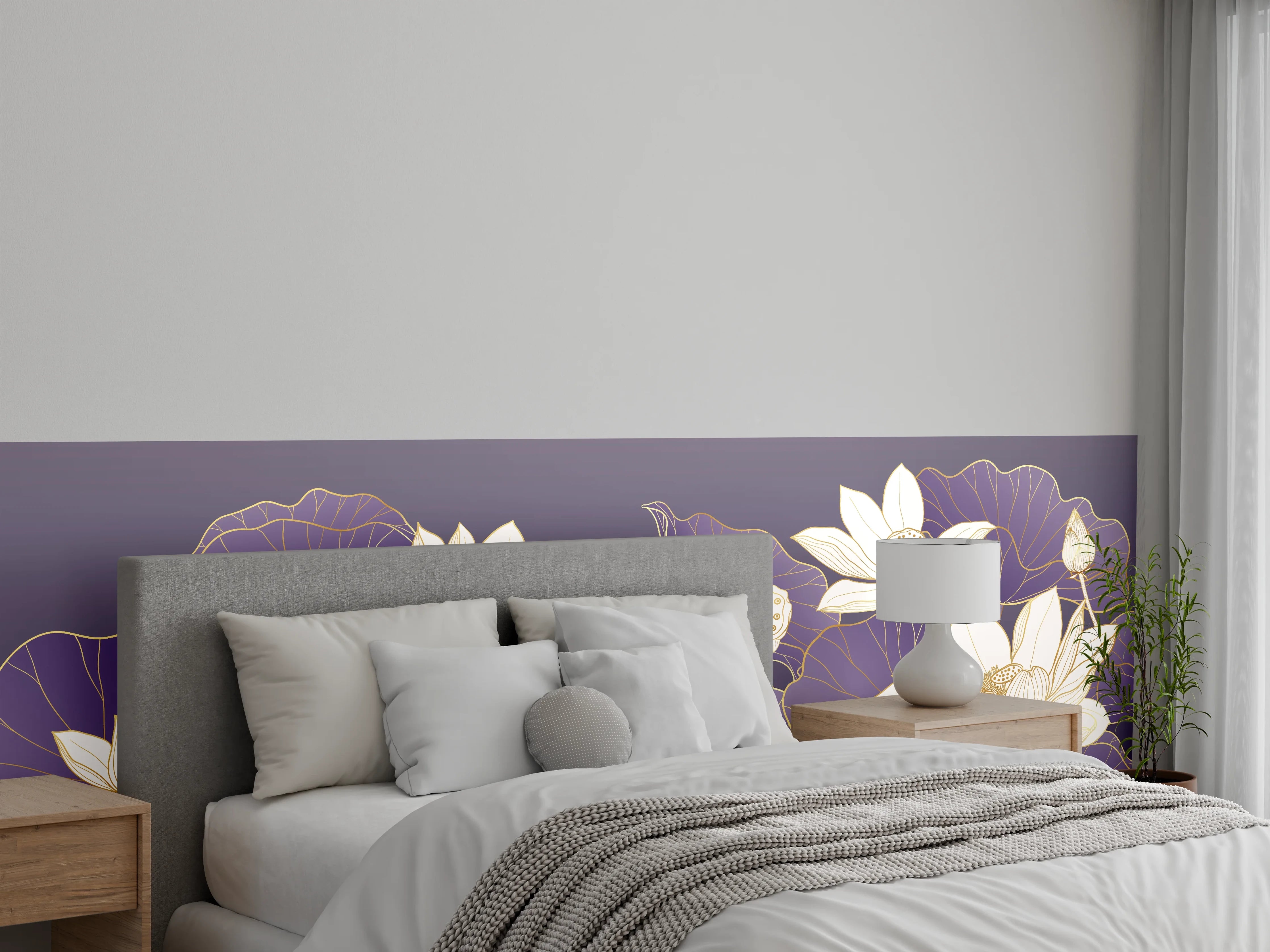 Wandverkleidung Schlafzimmer - Elegante Lotusblüten Illustration Lila Gold