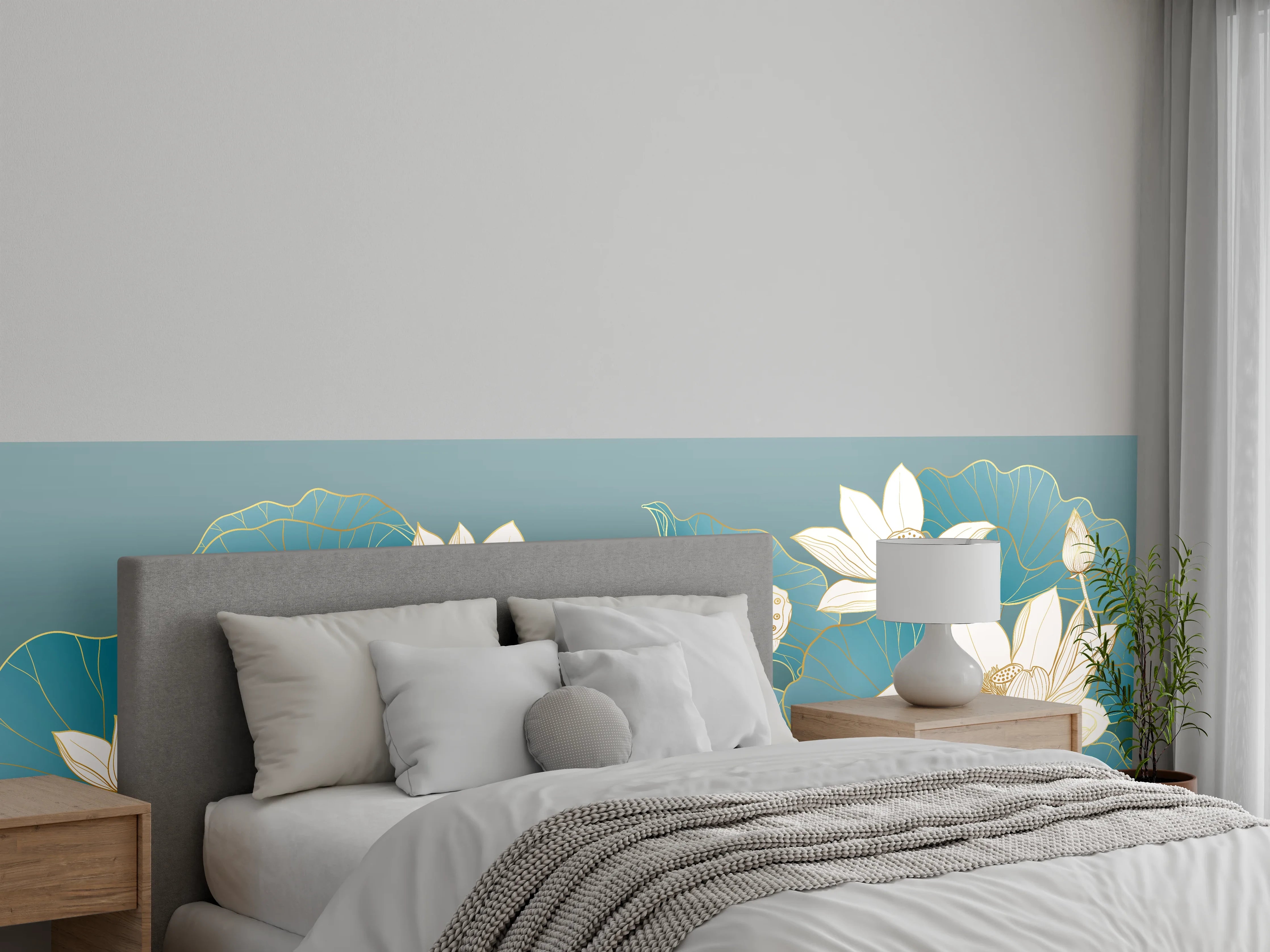 Wandverkleidung Schlafzimmer - Elegante Lotusblüten auf Blaugrün