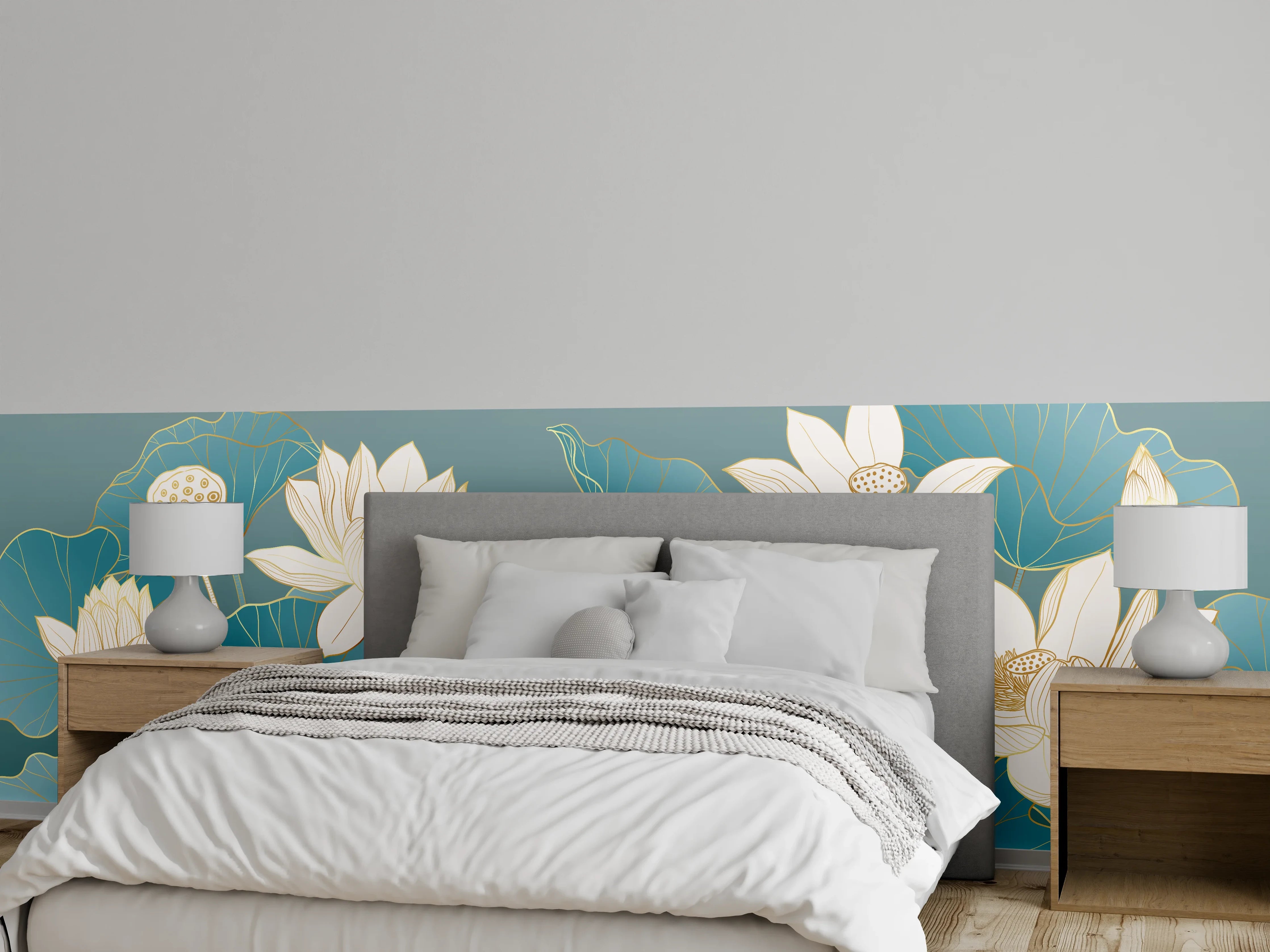 Wandverkleidung Schlafzimmer - Elegante Lotusblüten auf Blaugrün