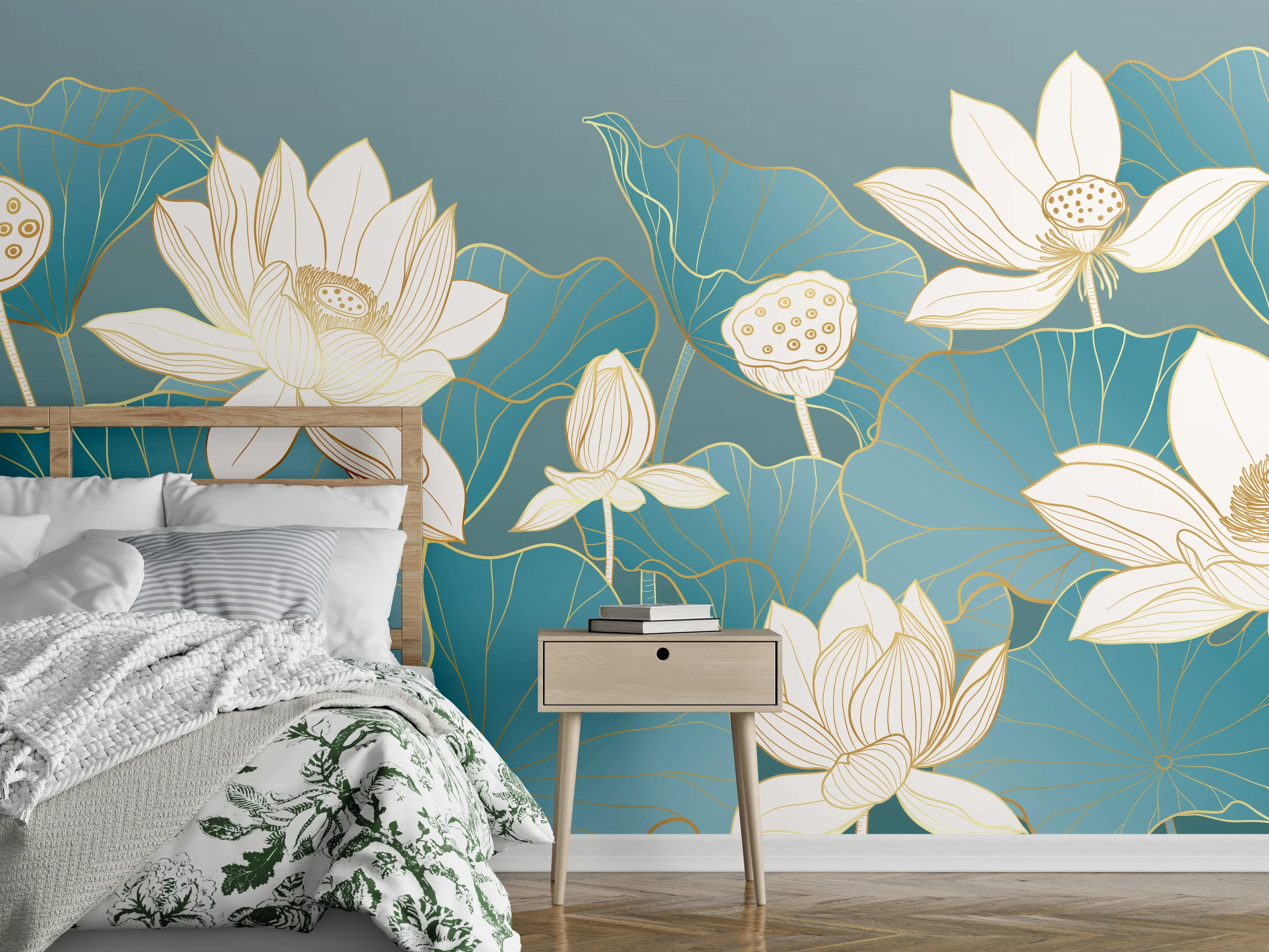 Wandverkleidung Schlafzimmer - Elegante Lotusblüten auf Blaugrün