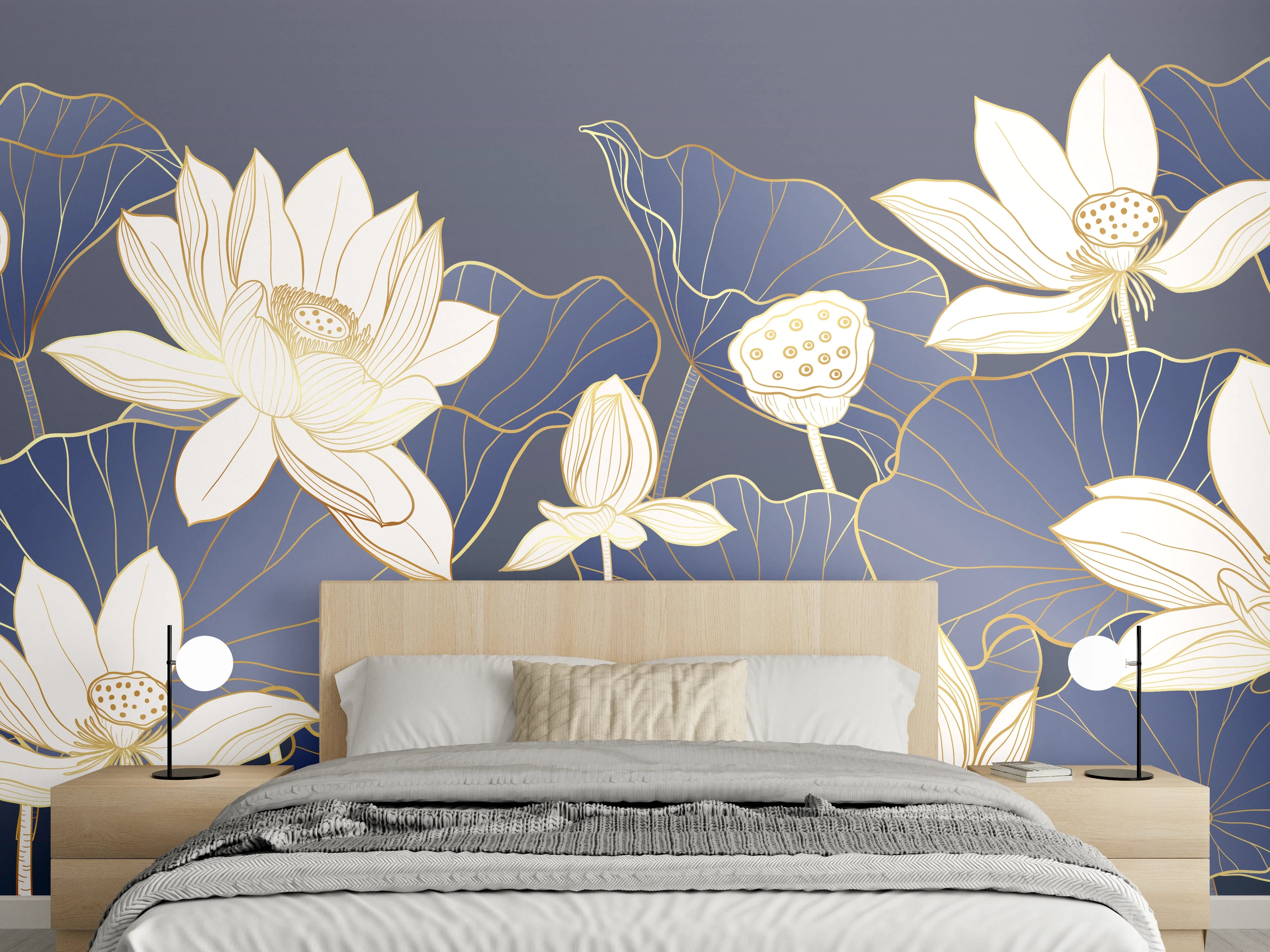Wandverkleidung Schlafzimmer - Elegante Lotusblumen auf blauem Hintergrund