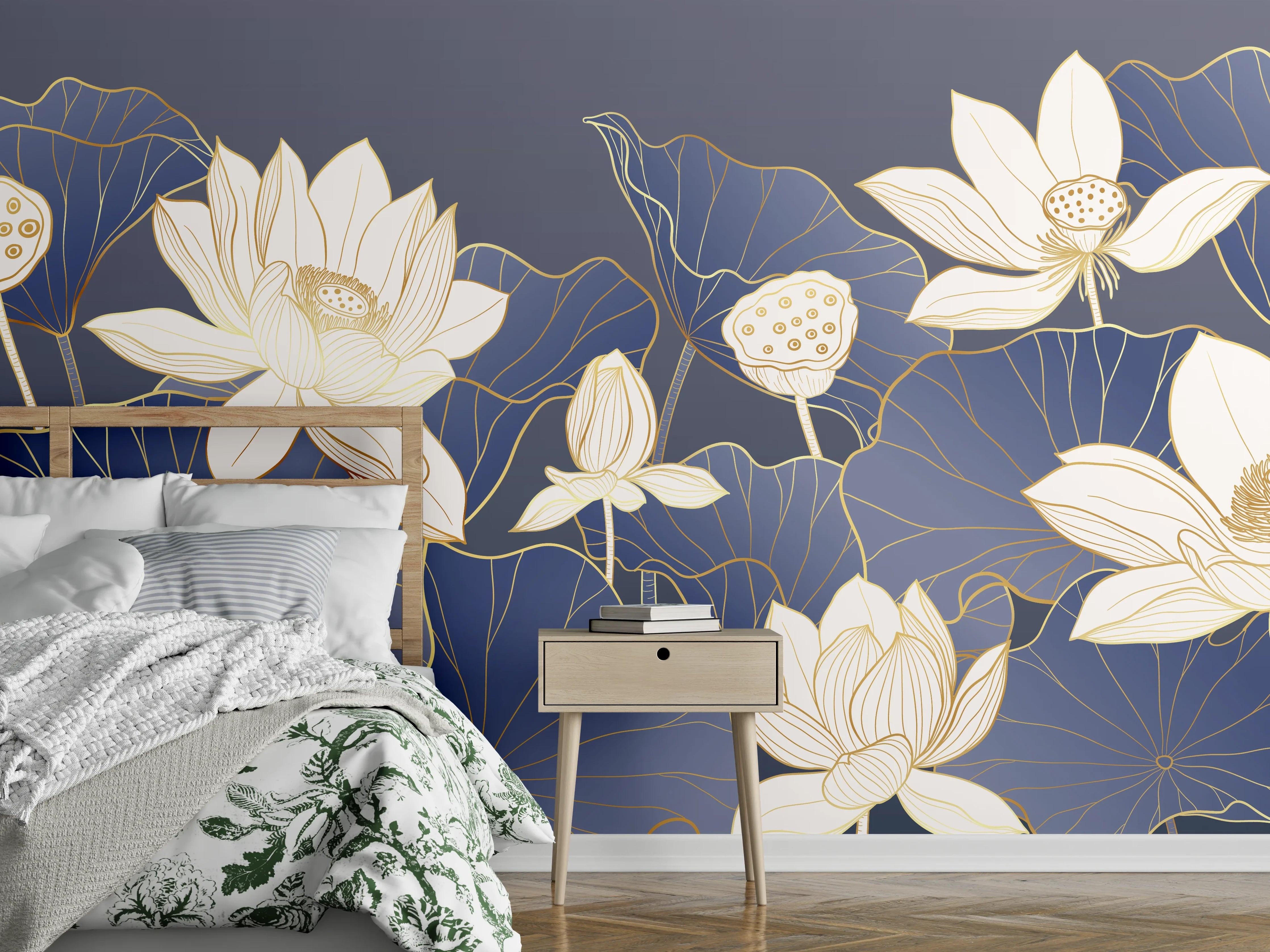 Wandverkleidung Schlafzimmer - Elegante Lotusblumen auf blauem Hintergrund