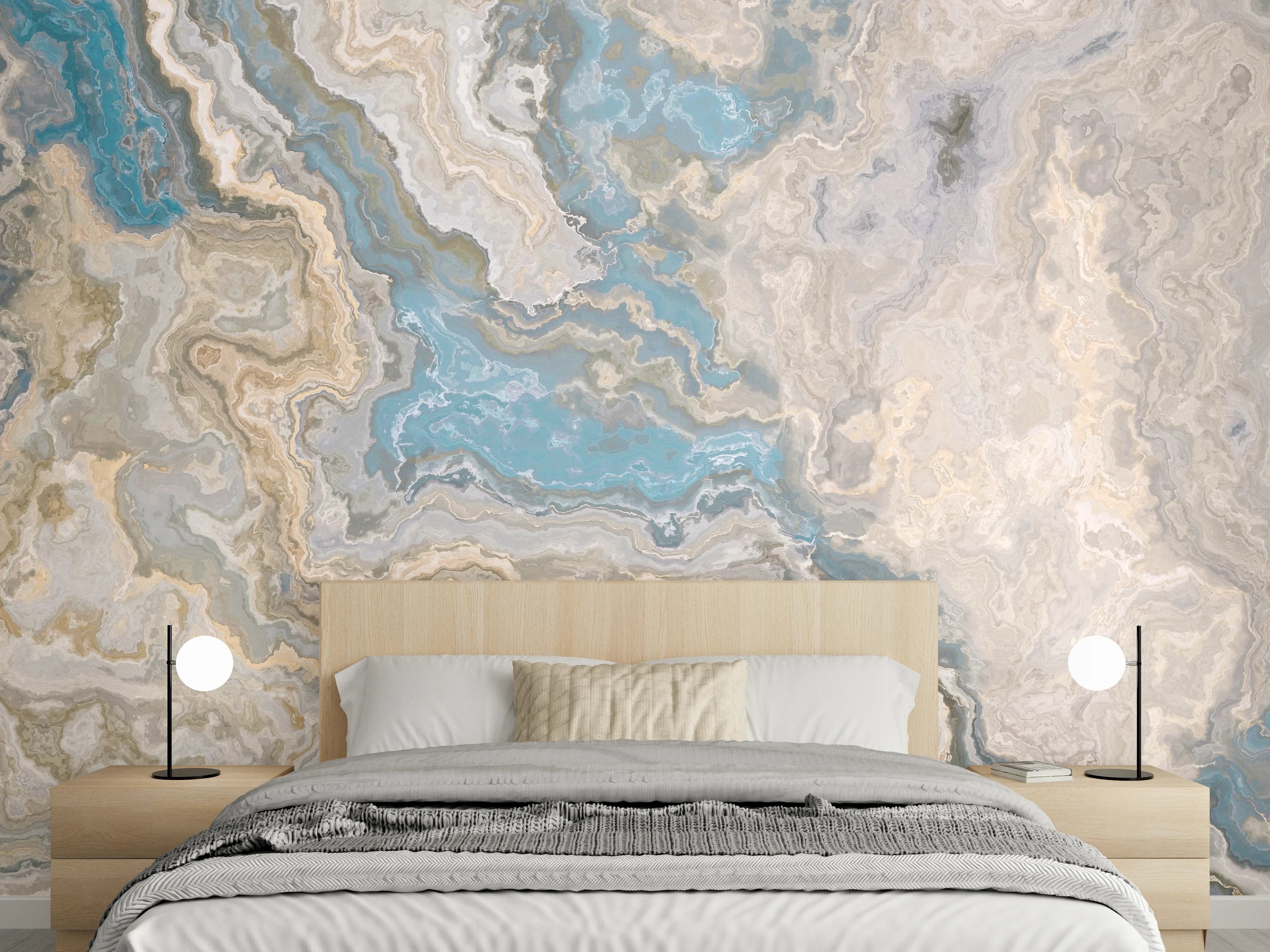 Wandverkleidung Schlafzimmer - Elegante Marmoroptik in Beige und Blau
